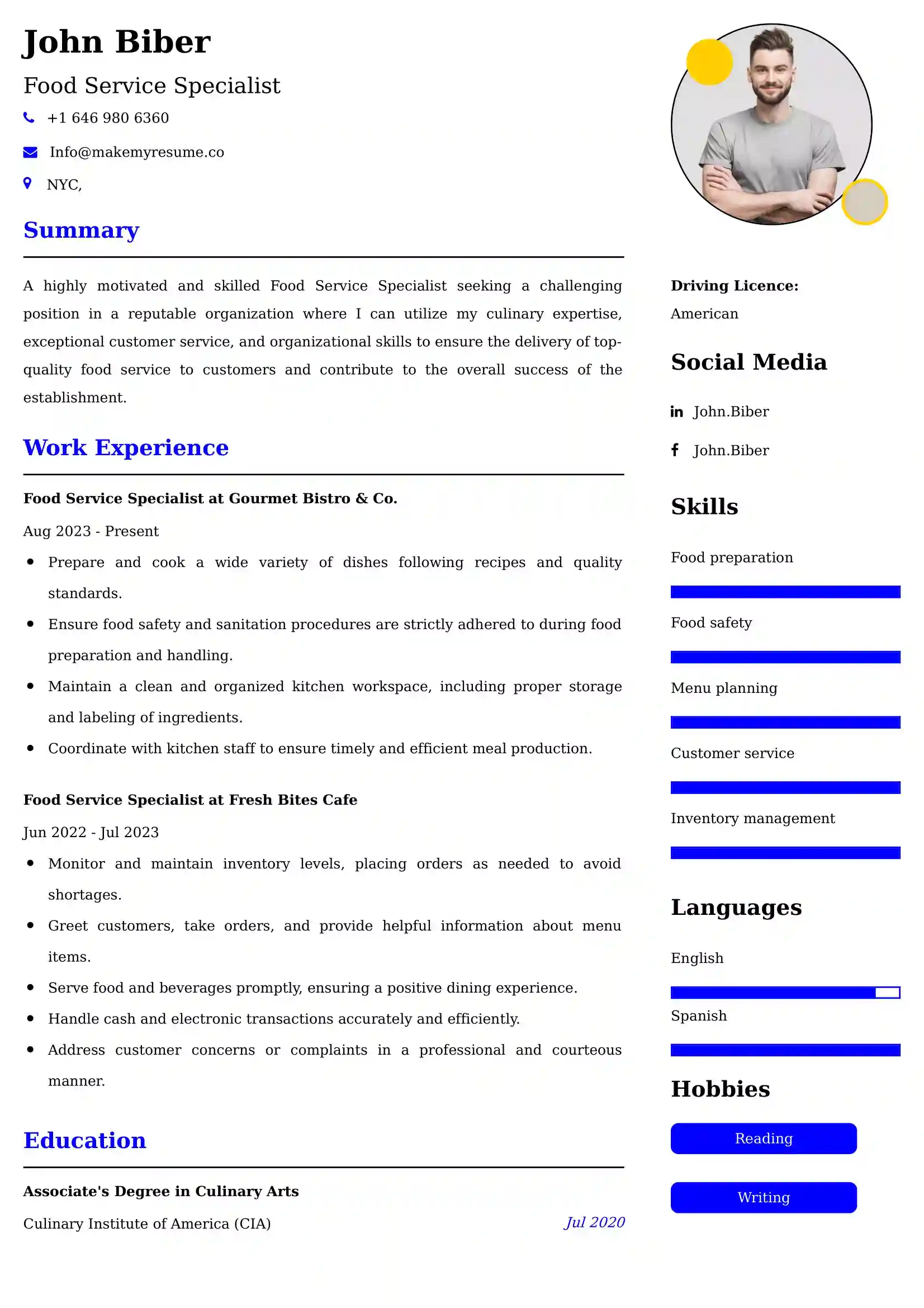 Food Service Specialist Resume Examples - Brazilian Format, Latest Template