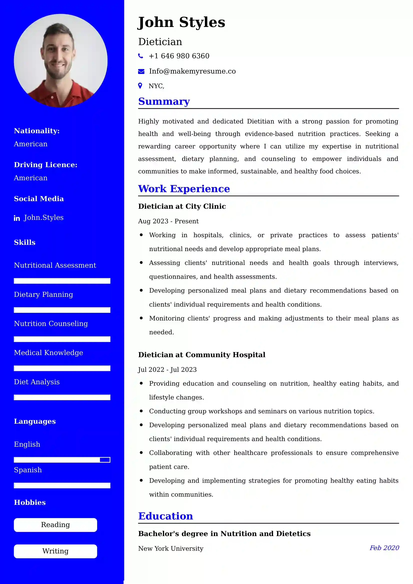 Dietician Resume Examples - Brazilian Format, Latest Template