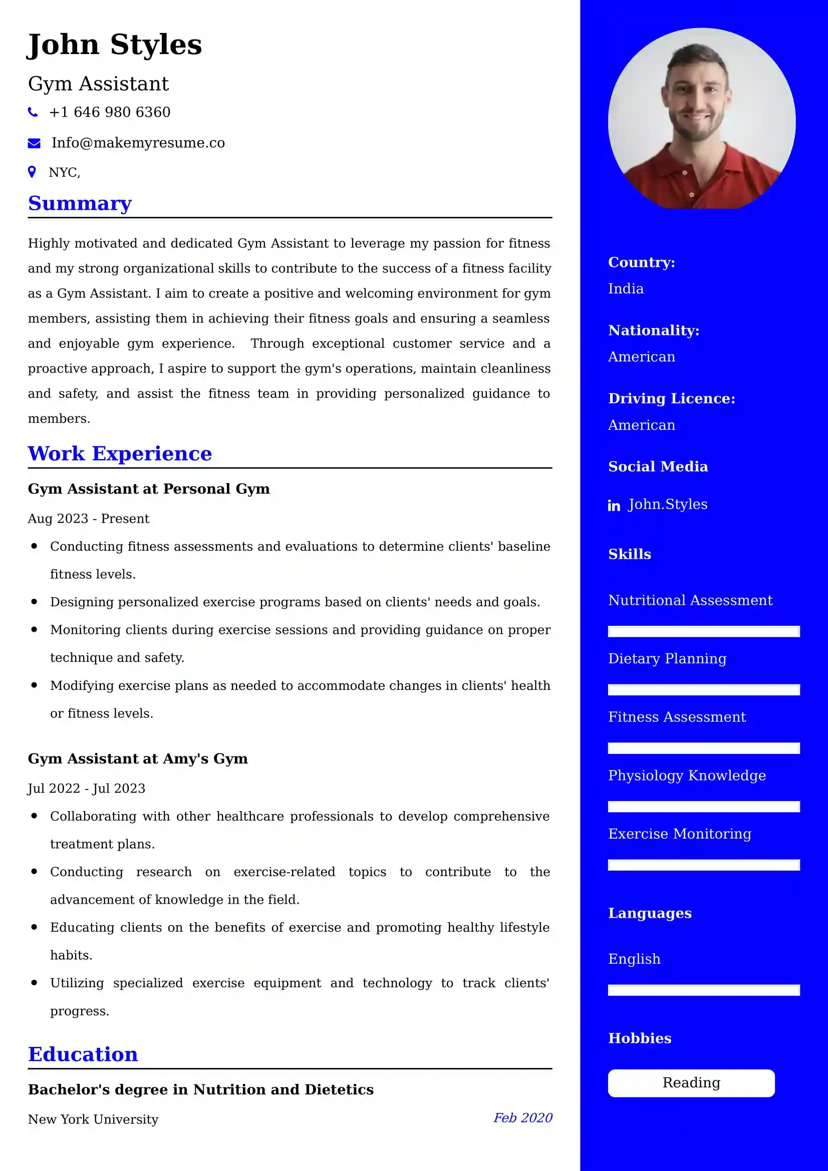 Gym Assistant Resume Examples - Brazilian Format, Latest Template
