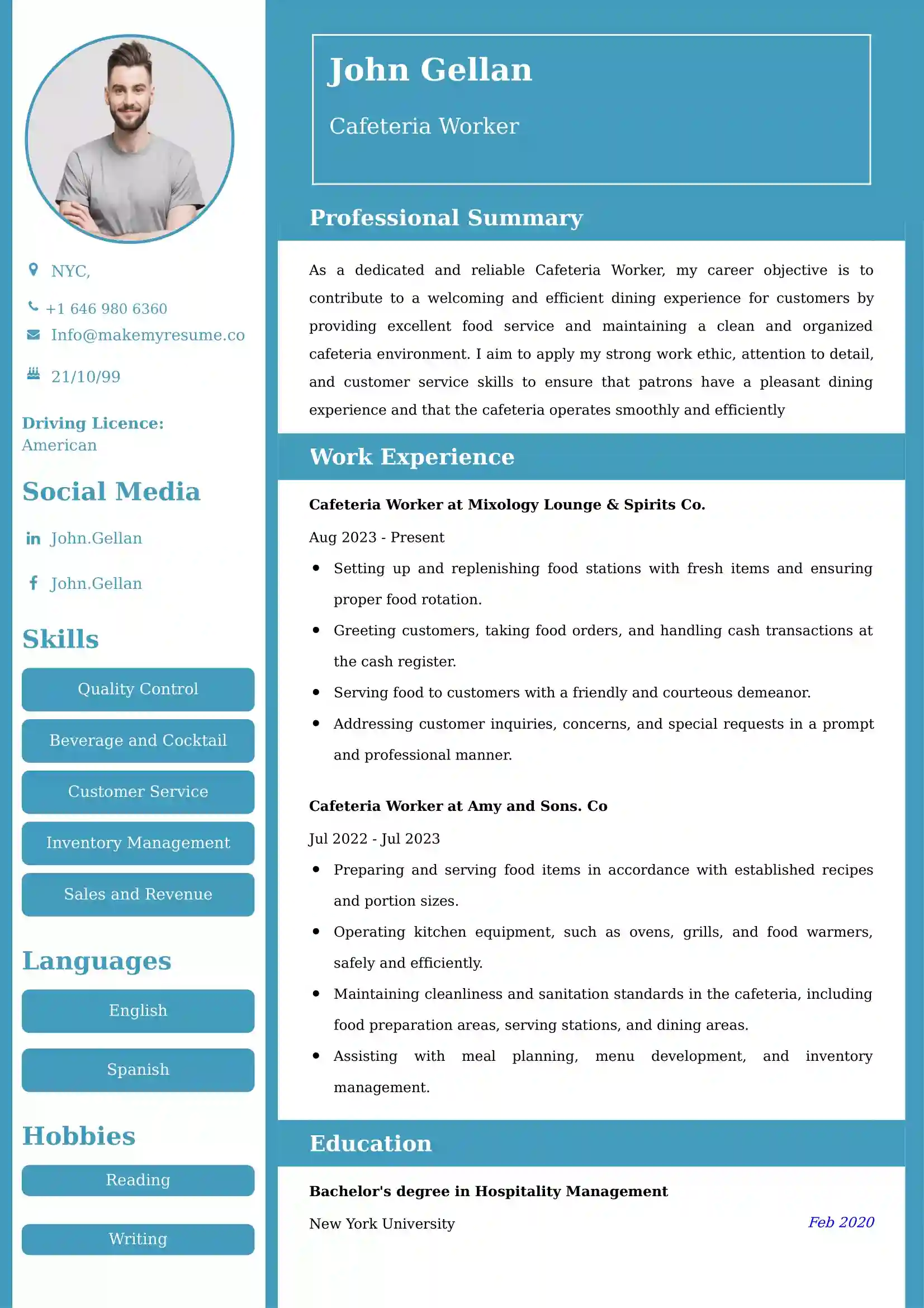 Cafeteria Worker Resume Examples - Brazilian Format, Latest Template
