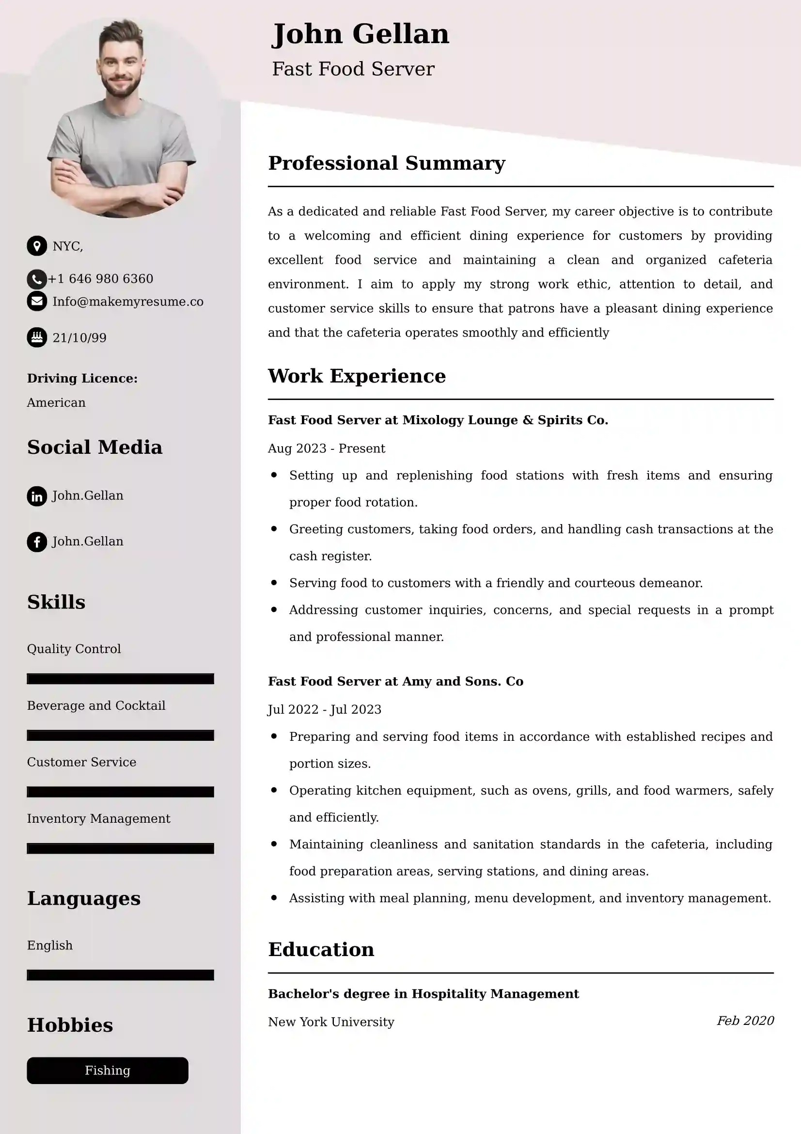Fast Food Server Resume Examples - Brazilian Format, Latest Template