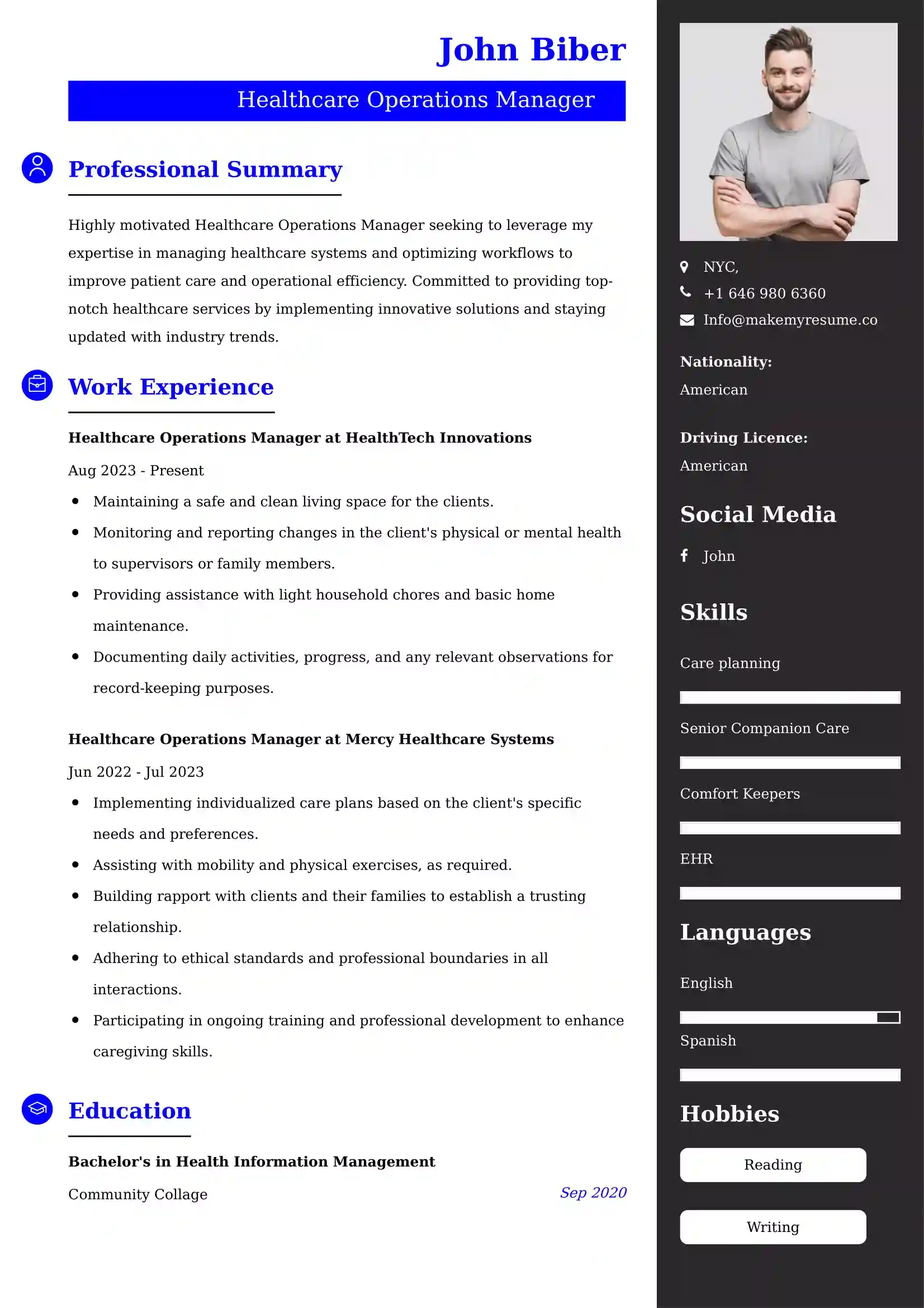 Healthcare Operations Manager Resume Examples - Brazilian Format, Latest Template