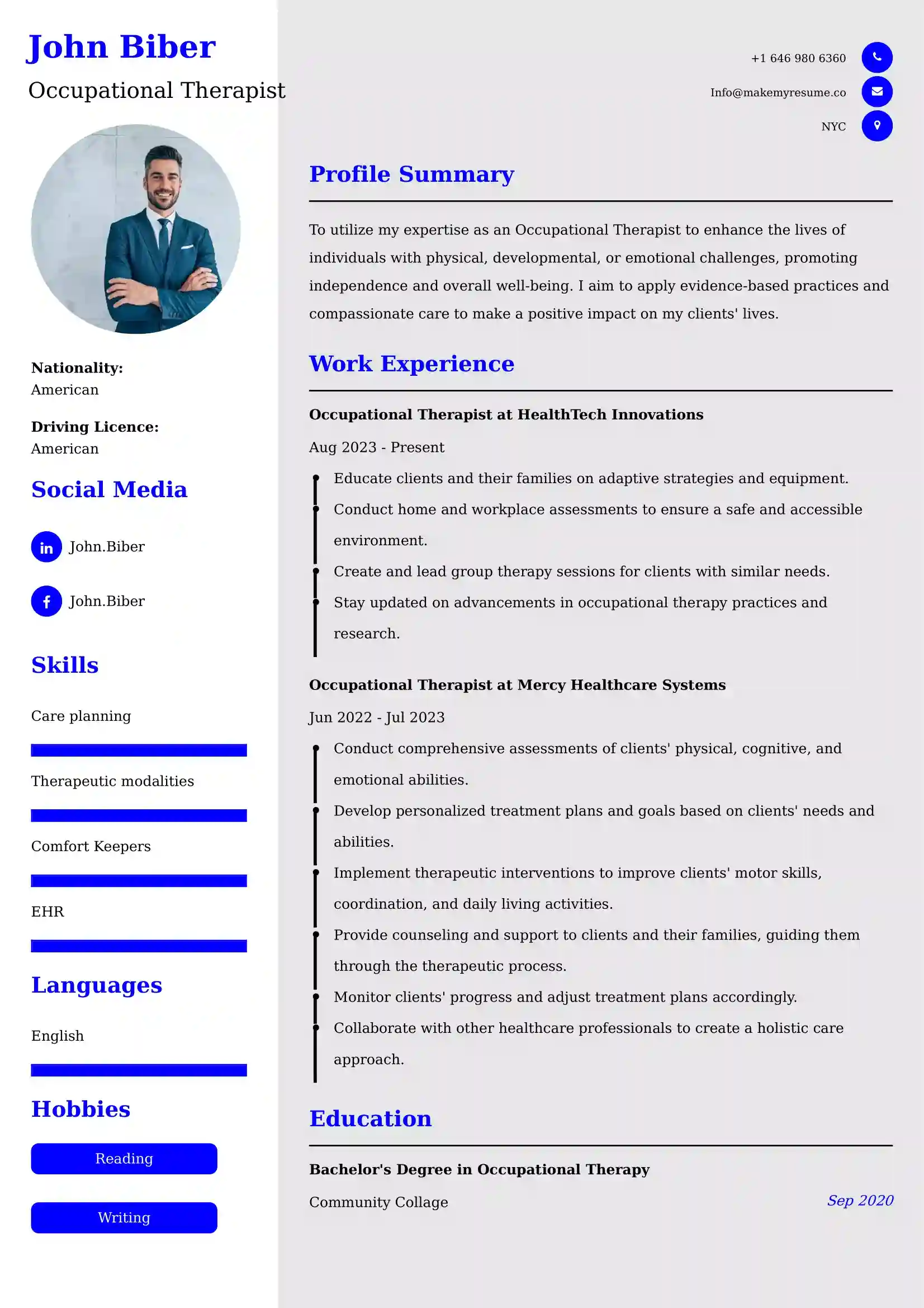 Occupational Therapist Resume Examples - Brazilian Format, Latest Template