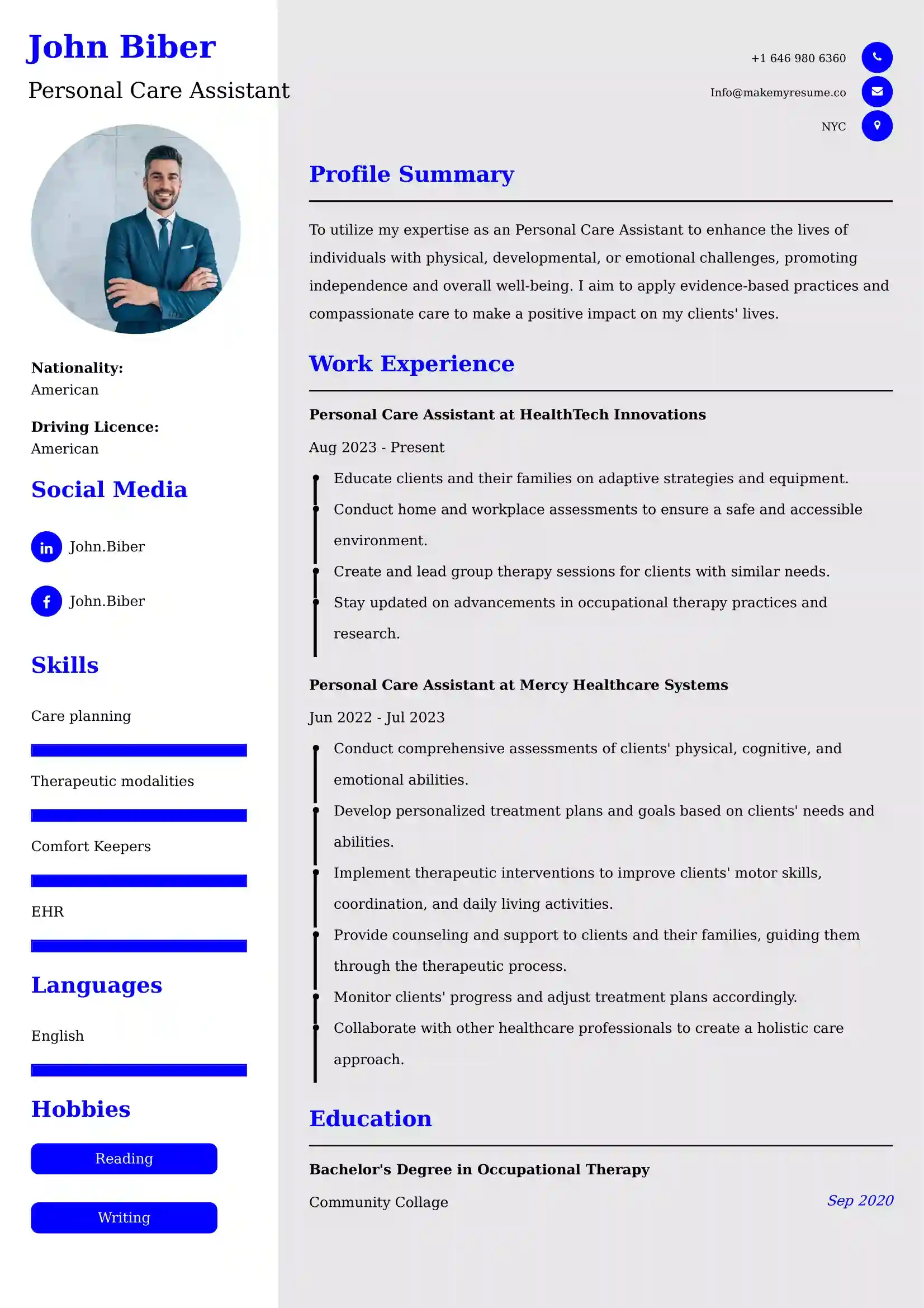 Personal Care Assistant Resume Examples - Brazilian Format, Latest Template