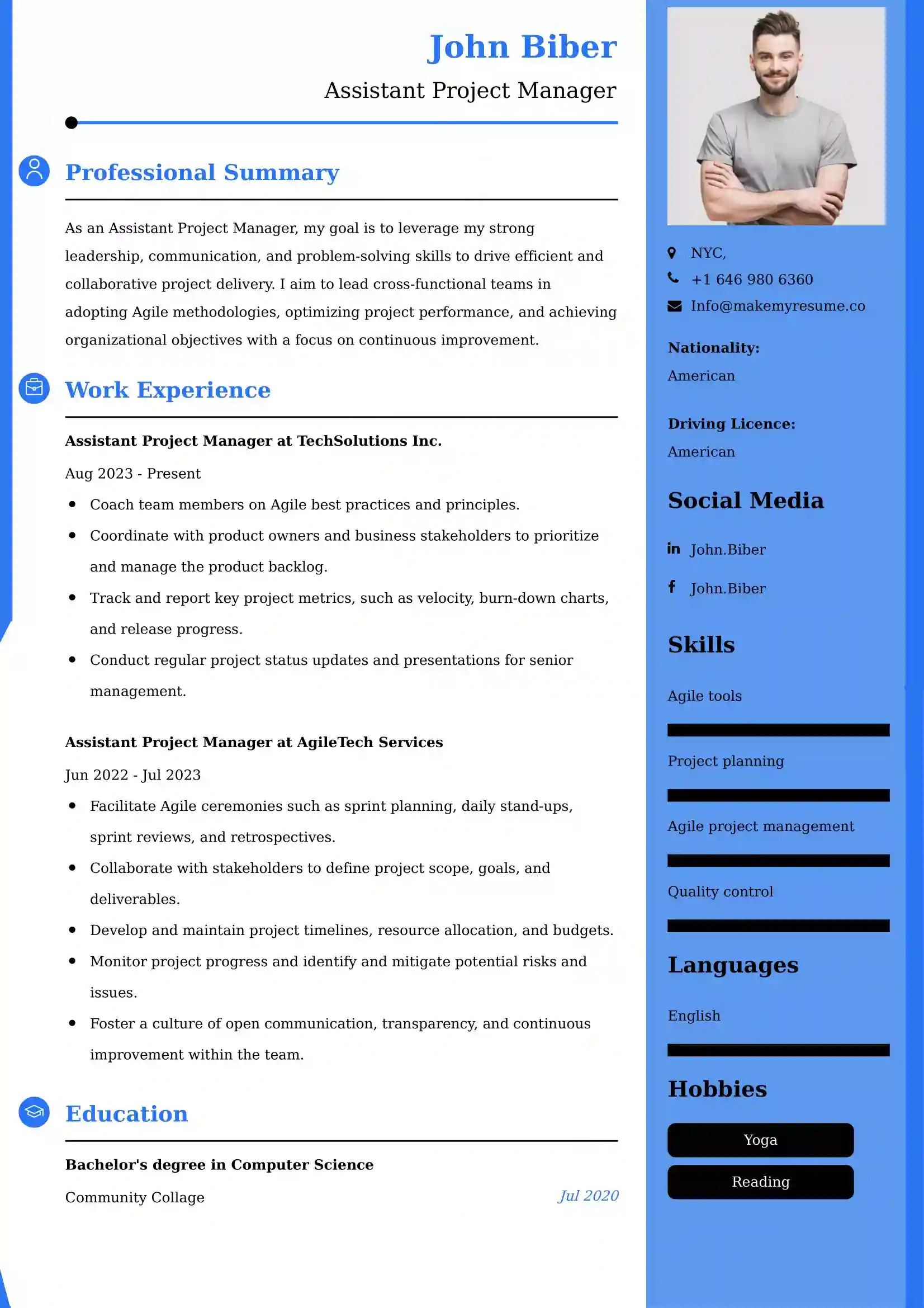 Assistant Project Manager Resume Examples - Brazilian Format, Latest Template