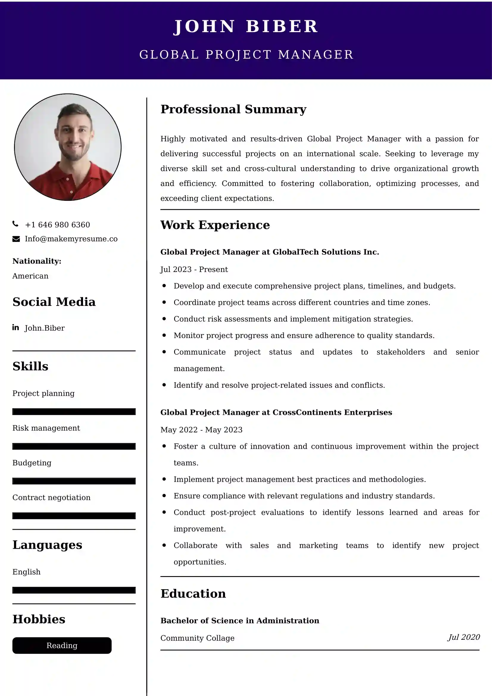 Global Project Manager Resume Examples - Brazilian Format, Latest Template
