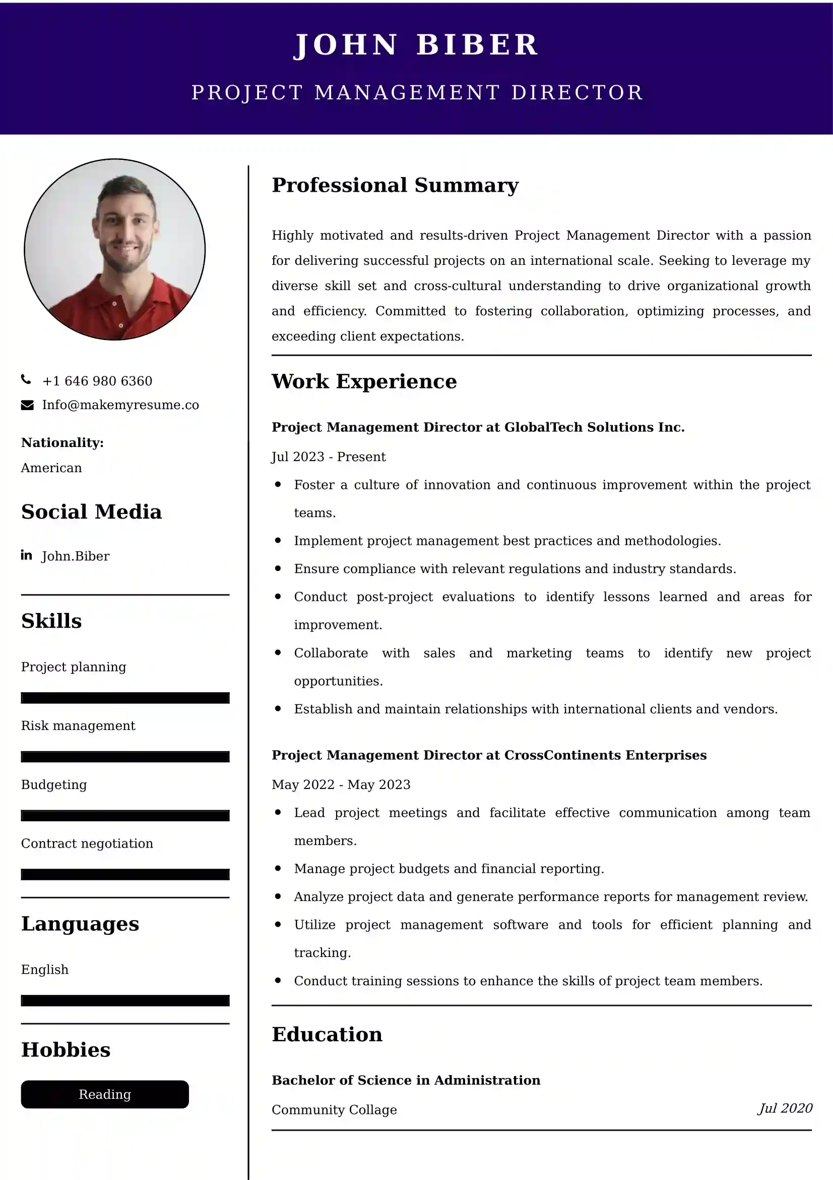 Project Management Director Resume Examples - Brazilian Format, Latest Template