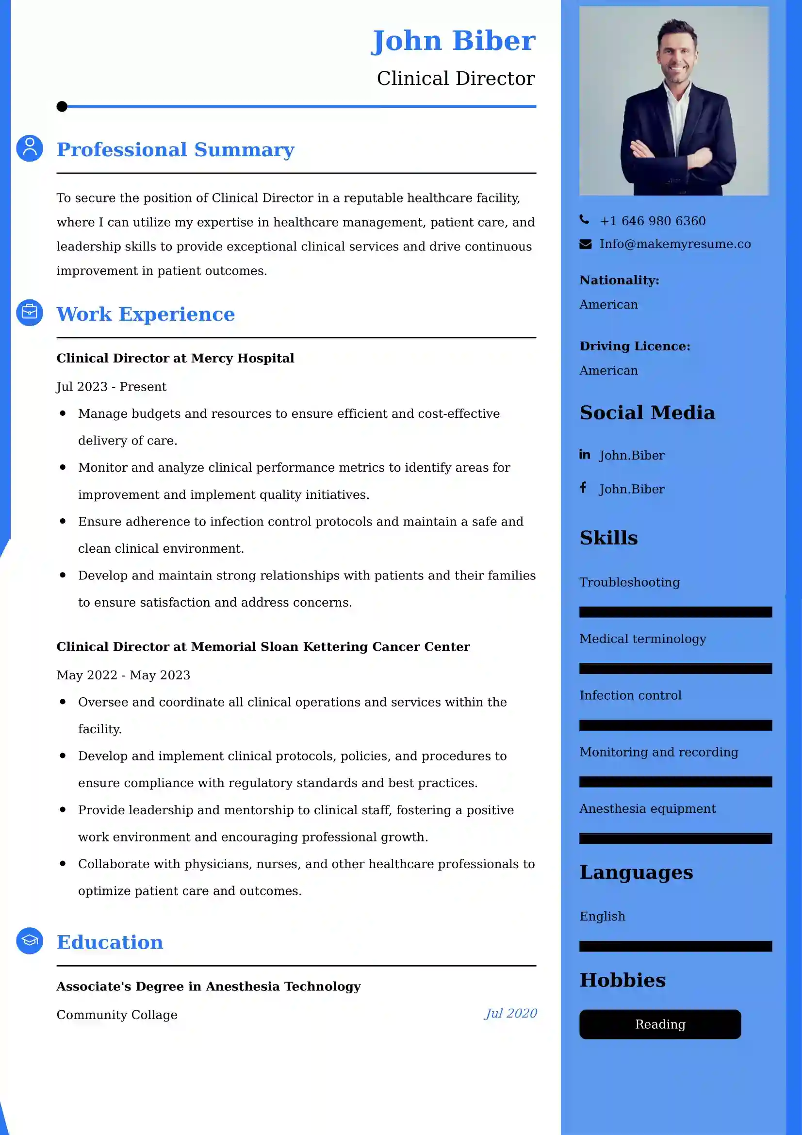 Clinical Director Resume Examples - Brazilian Format, Latest Template