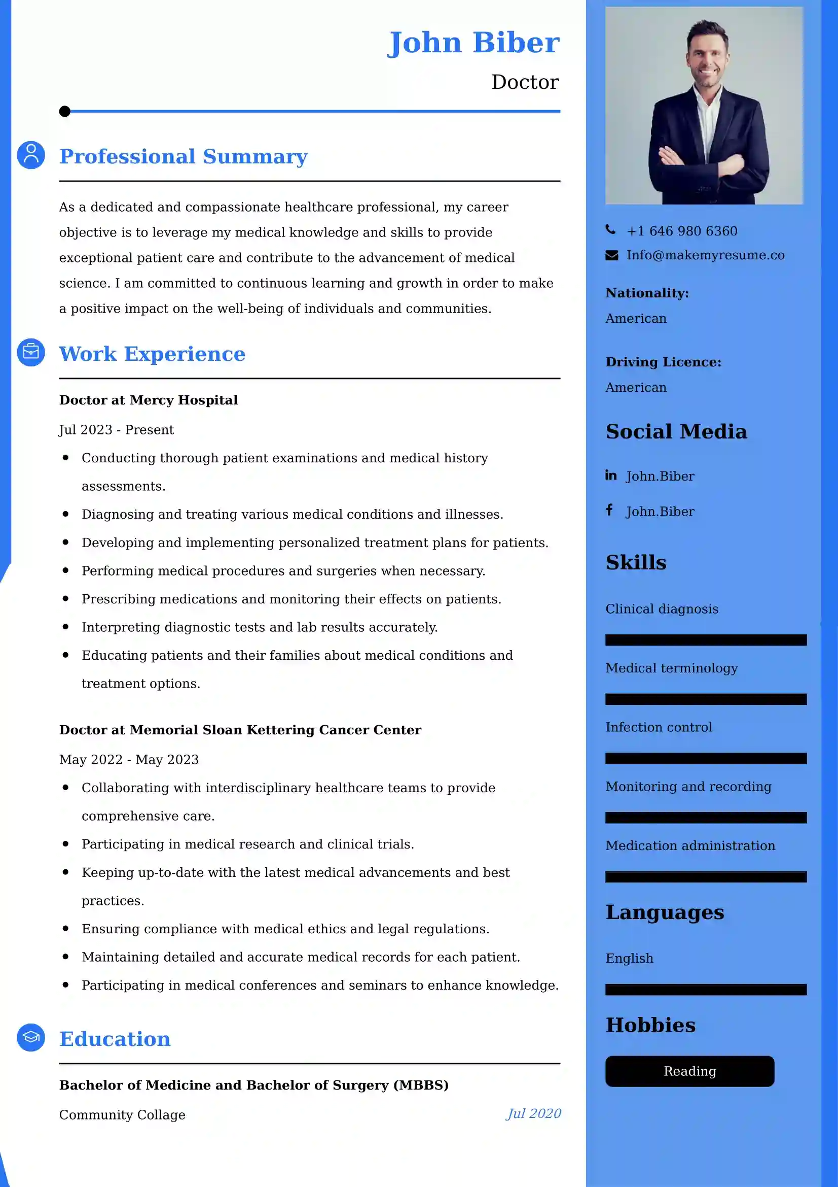 Doctor Resume Examples - Brazilian Format, Latest Template