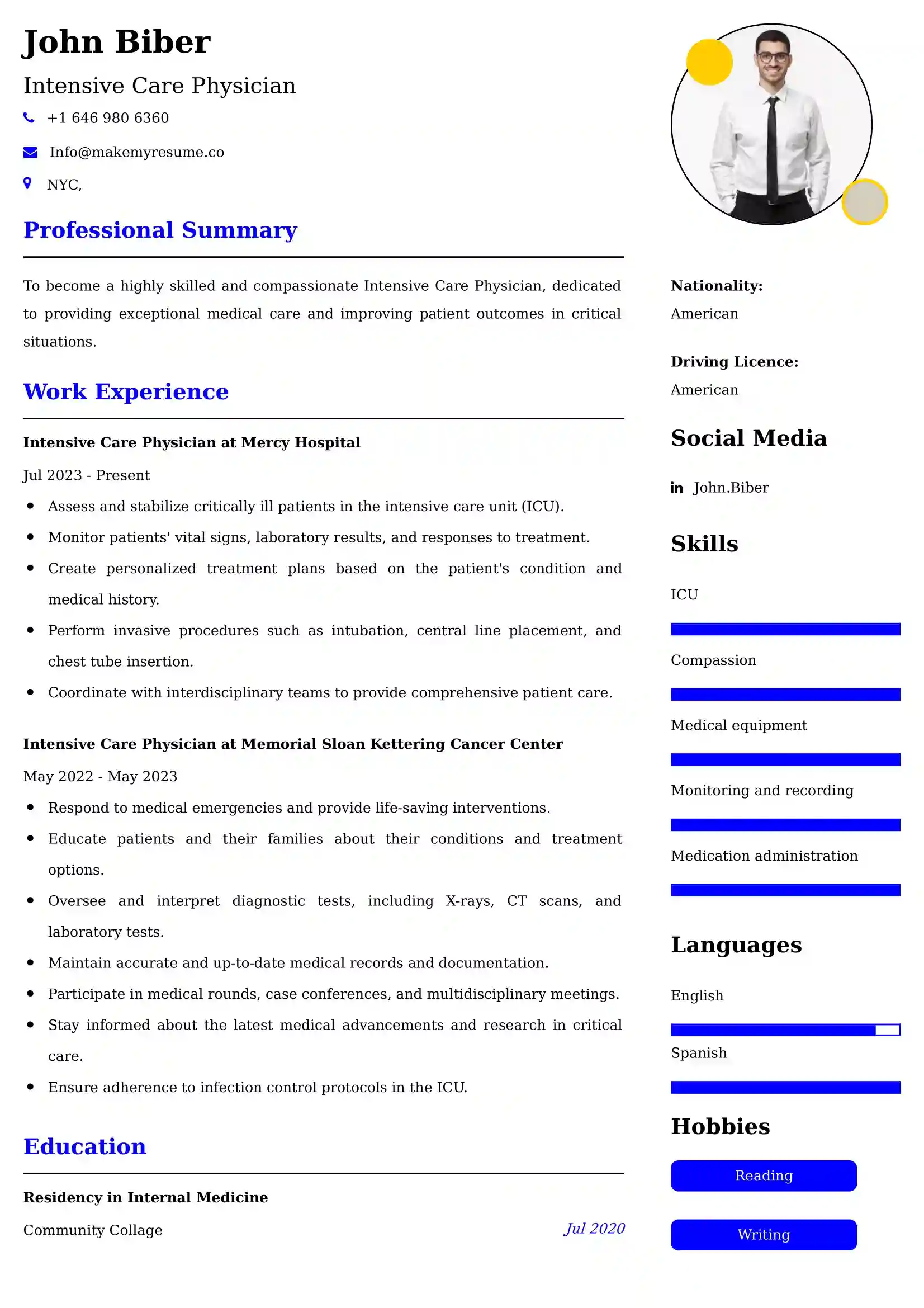 Intensive Care Physician Resume Examples - Brazilian Format, Latest Template