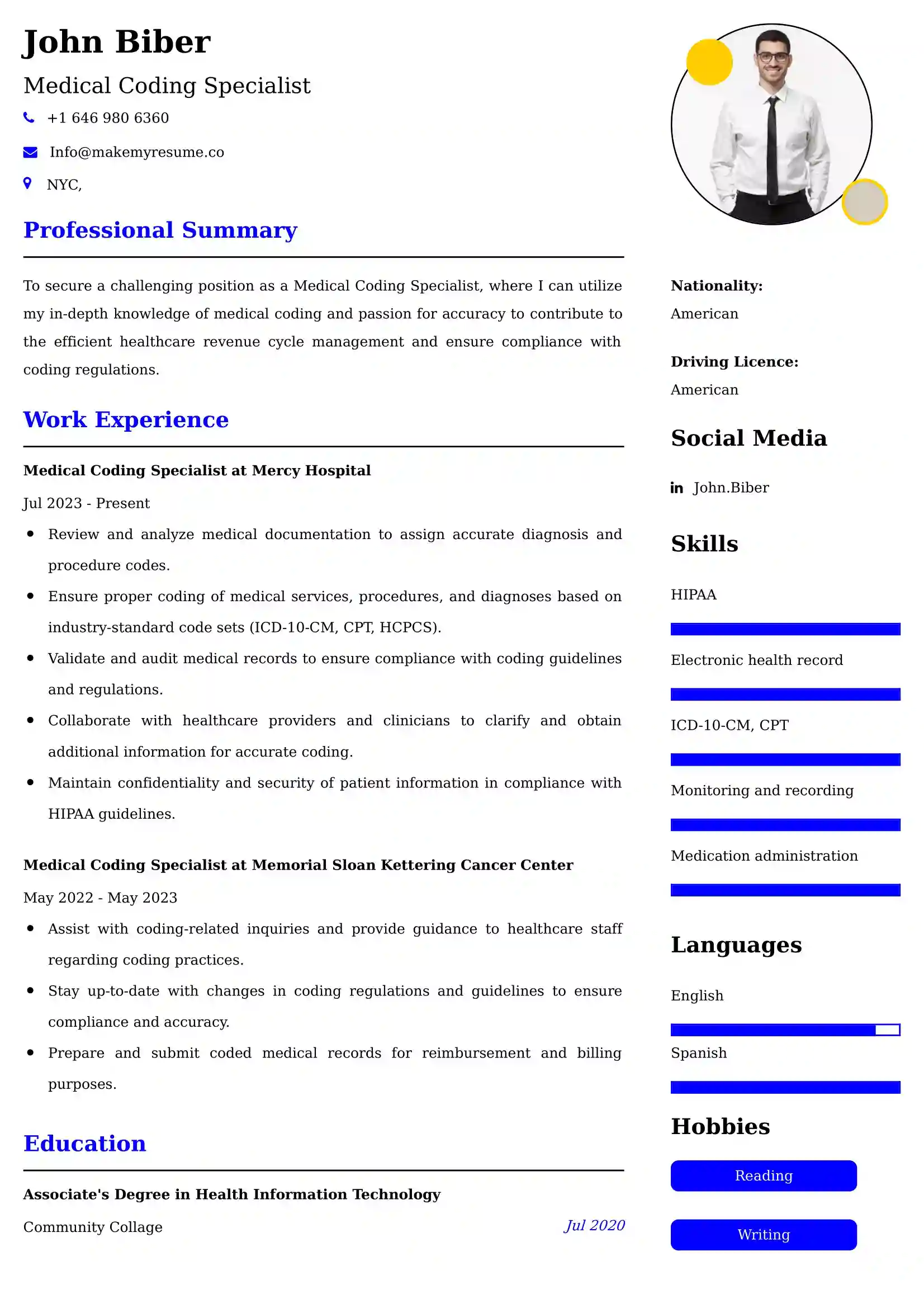 Medical Coding Specialist Resume Examples - Brazilian Format, Latest Template