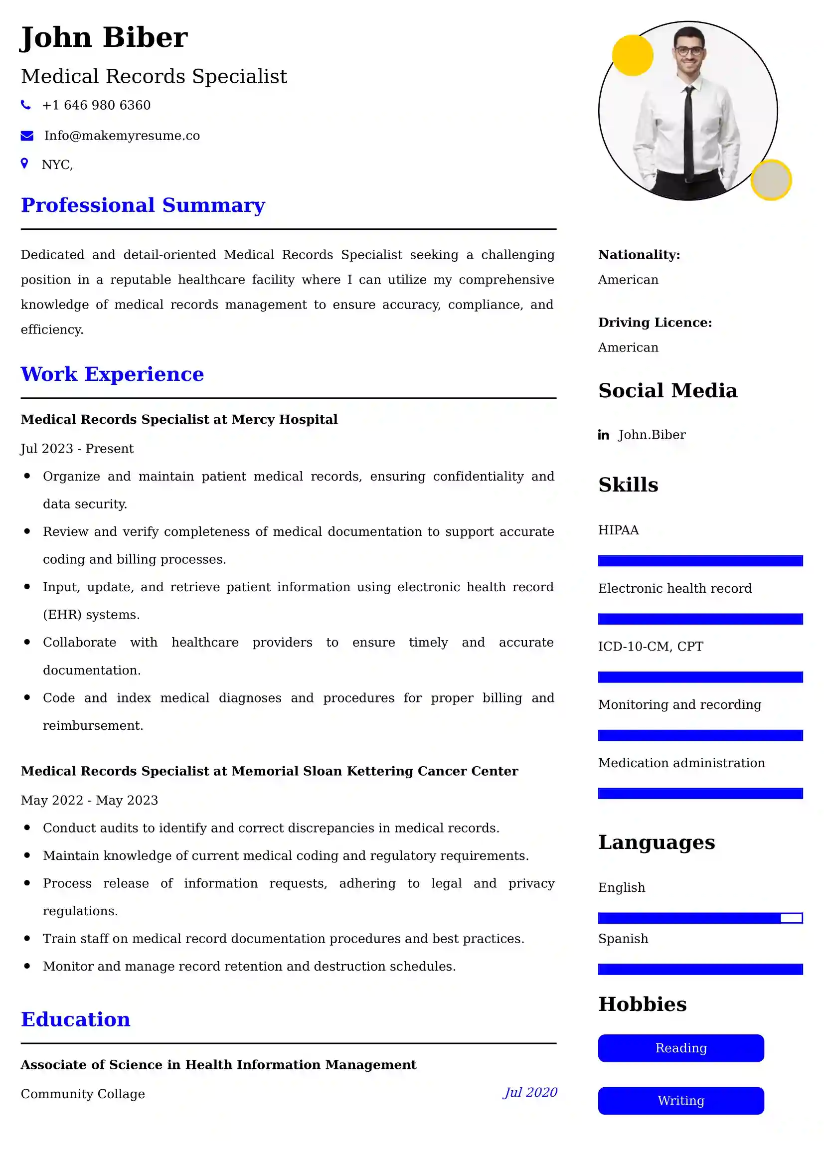 Medical Records Specialist Resume Examples - Brazilian Format, Latest Template