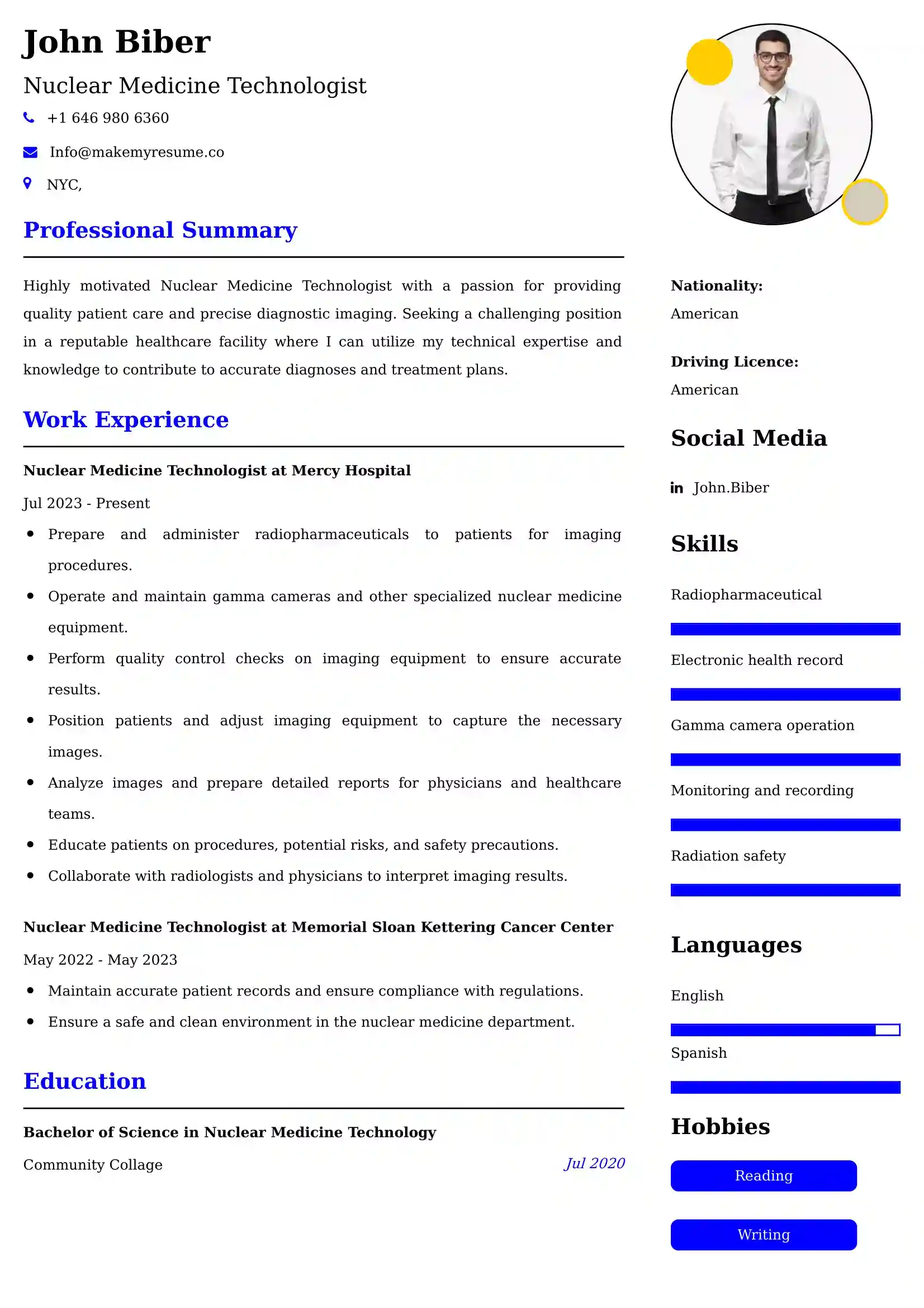 Nuclear Medicine Technologist Resume Examples - Brazilian Format, Latest Template