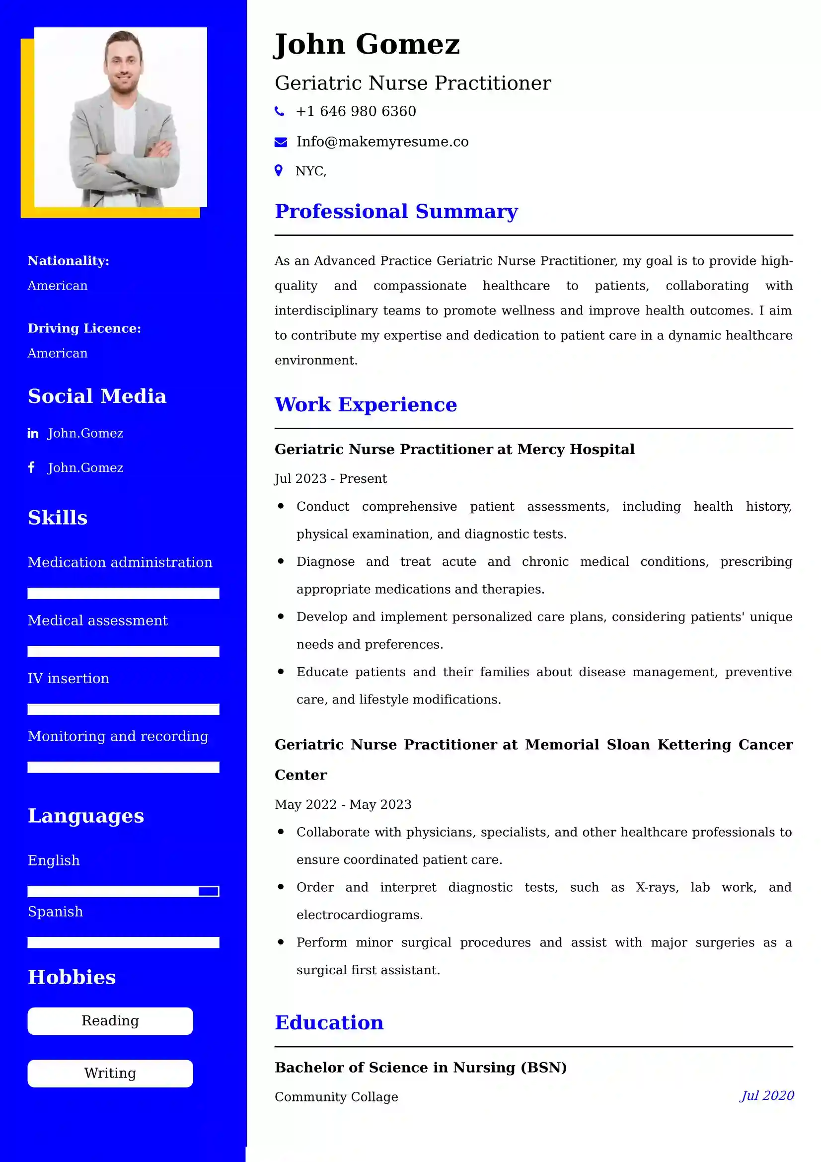 Geriatric Nurse Practitioner Resume Examples - Brazilian Format, Latest Template