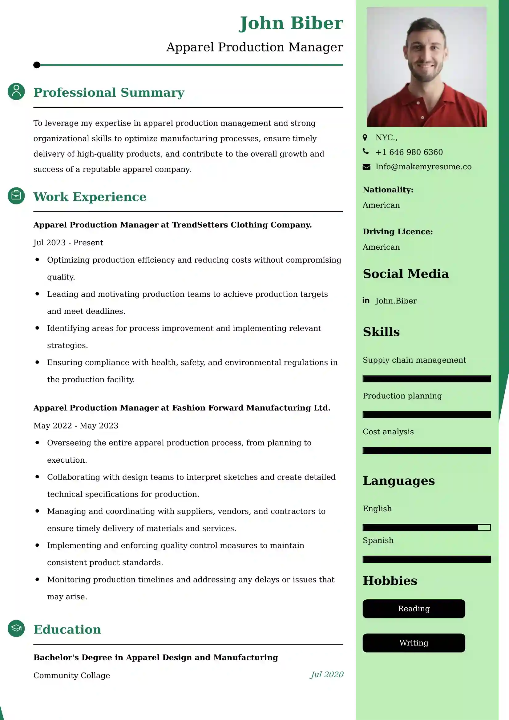 Apparel Production Manager Resume Examples - Brazilian Format, Latest Template