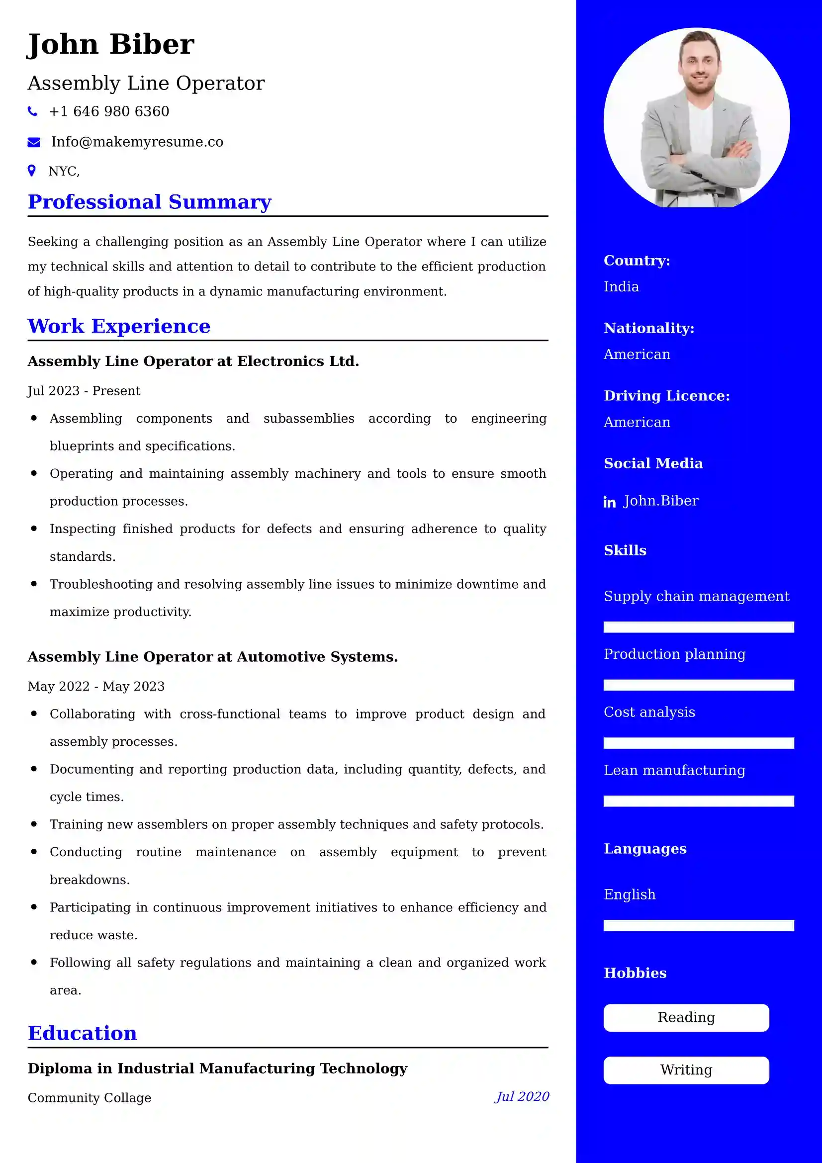 Assembly Line Operator Resume Examples - Brazilian Format, Latest Template