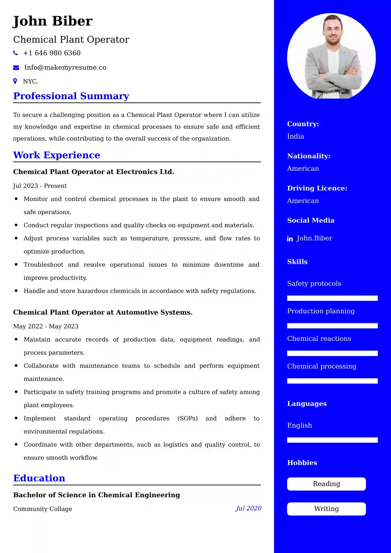 Chemical Plant Operator Resume Examples - Brazilian Format, Latest Template