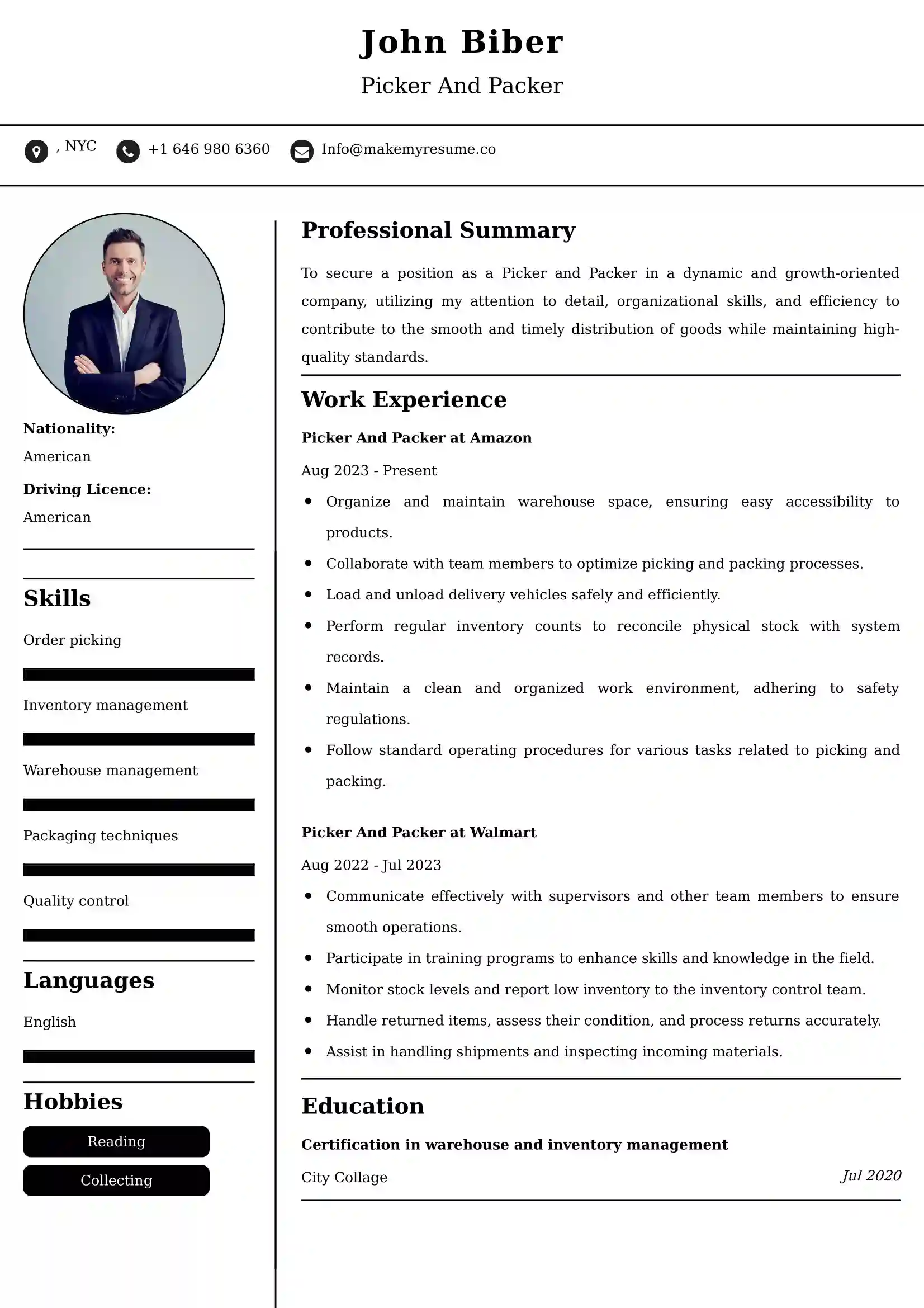 Picker And Packer Resume Examples - Brazilian Format, Latest Template