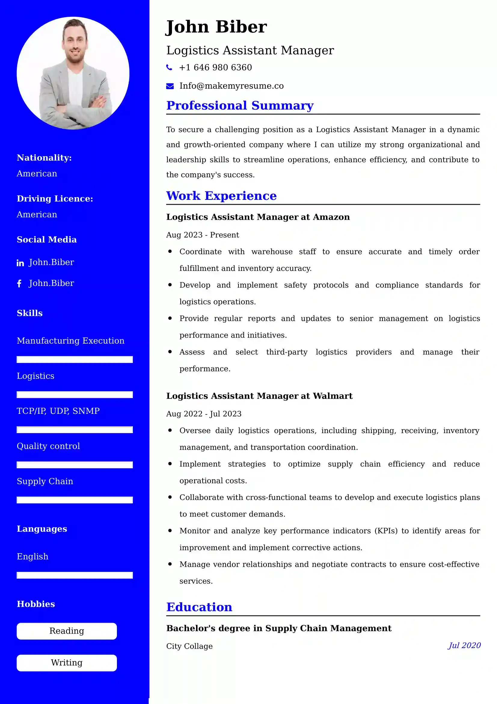 Logistics Assistant Manager Resume Examples - Brazilian Format, Latest Template