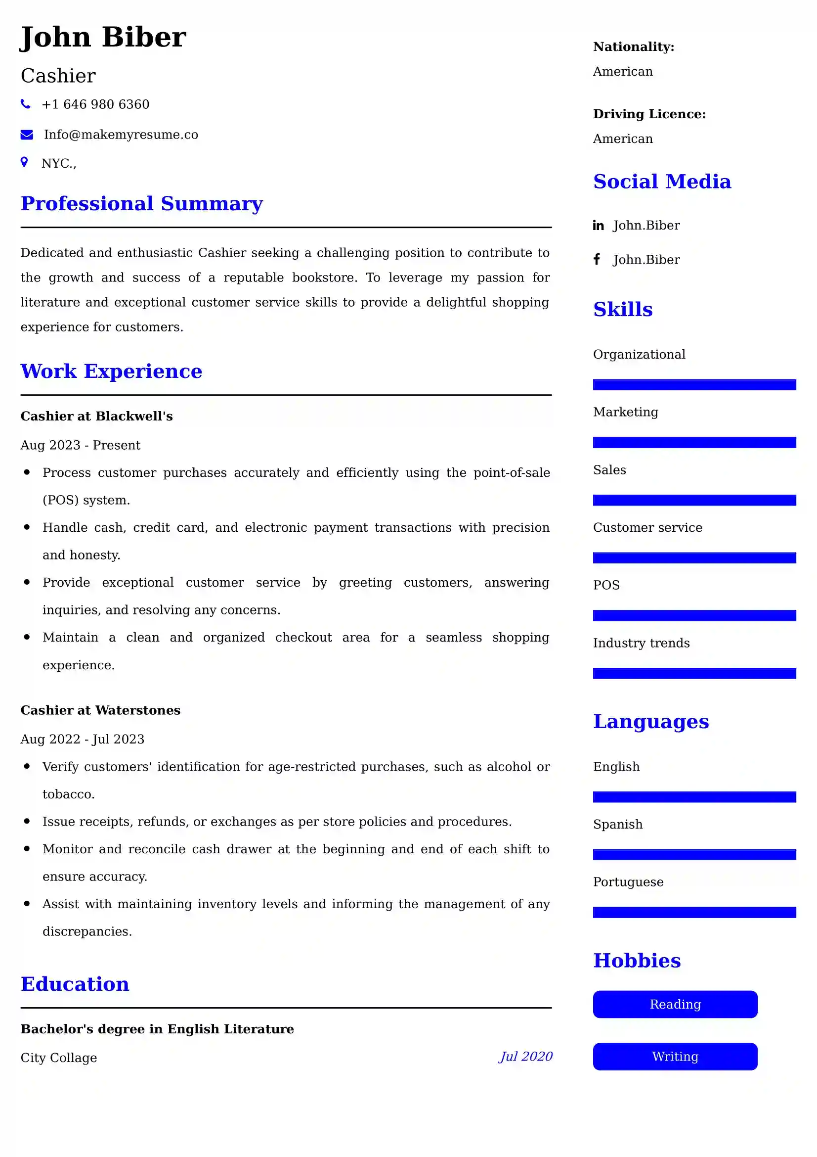 Cashier Resume Examples - Brazilian Format, Latest Template