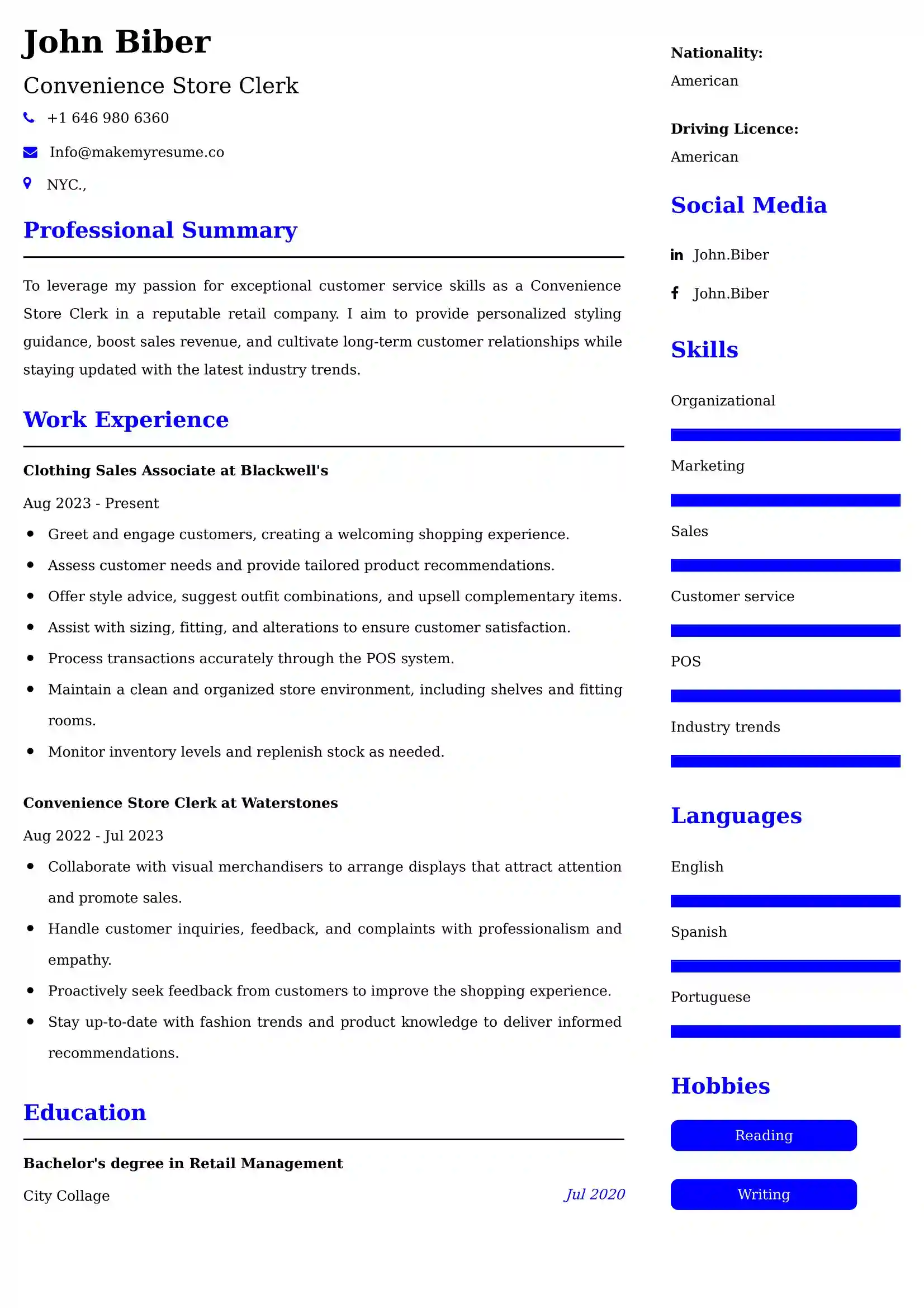Convenience Store Clerk Resume Examples - Brazilian Format, Latest Template
