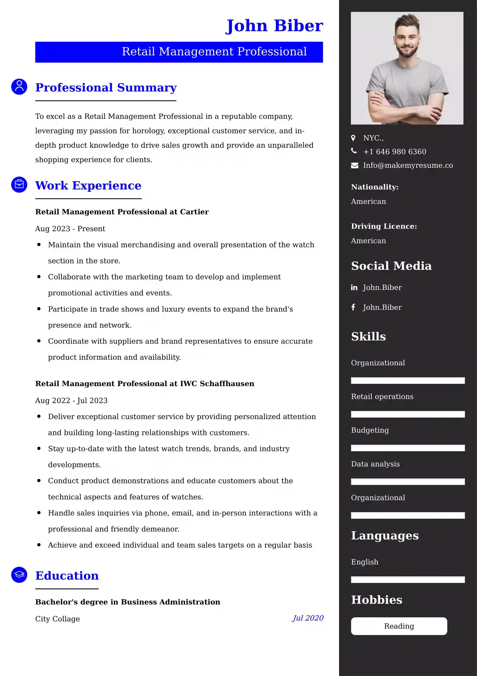 Retail Management Professional Resume Examples - Brazilian Format, Latest Template