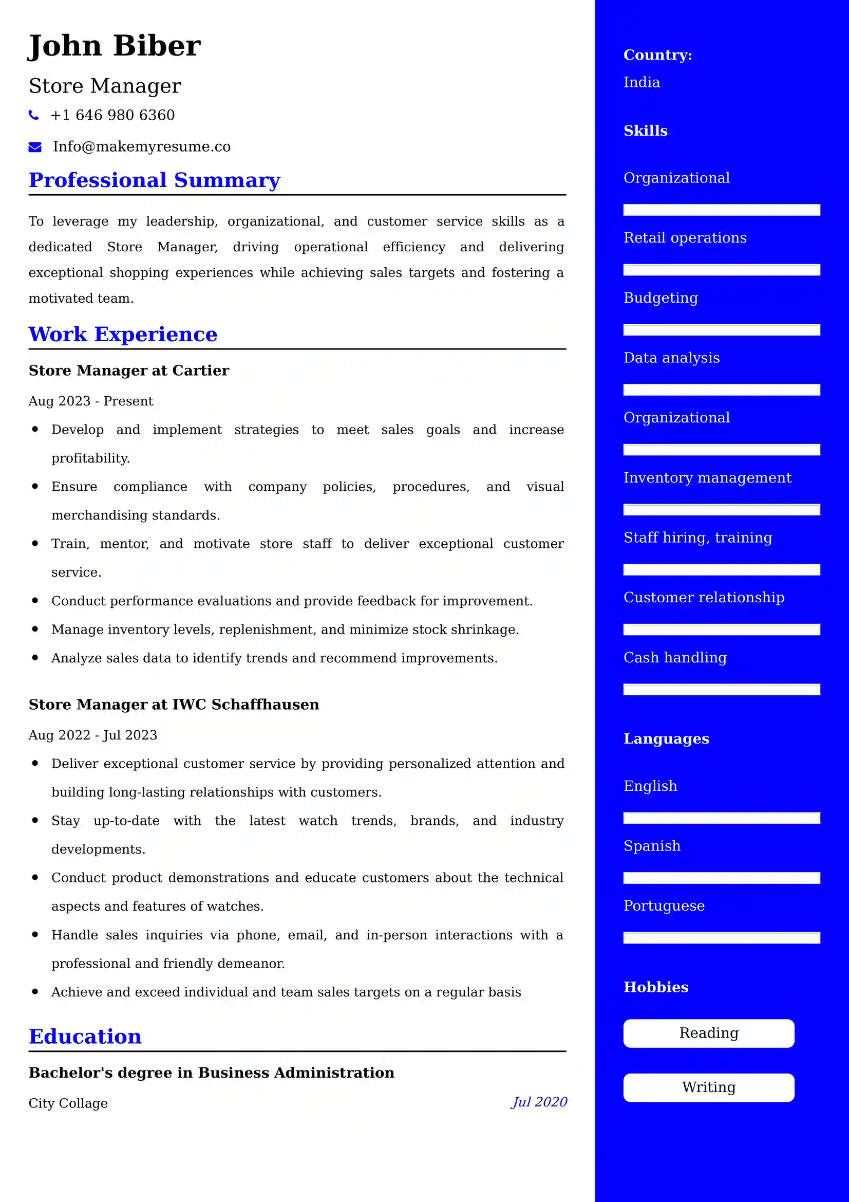 Store Manager Resume Examples - Brazilian Format, Latest Template