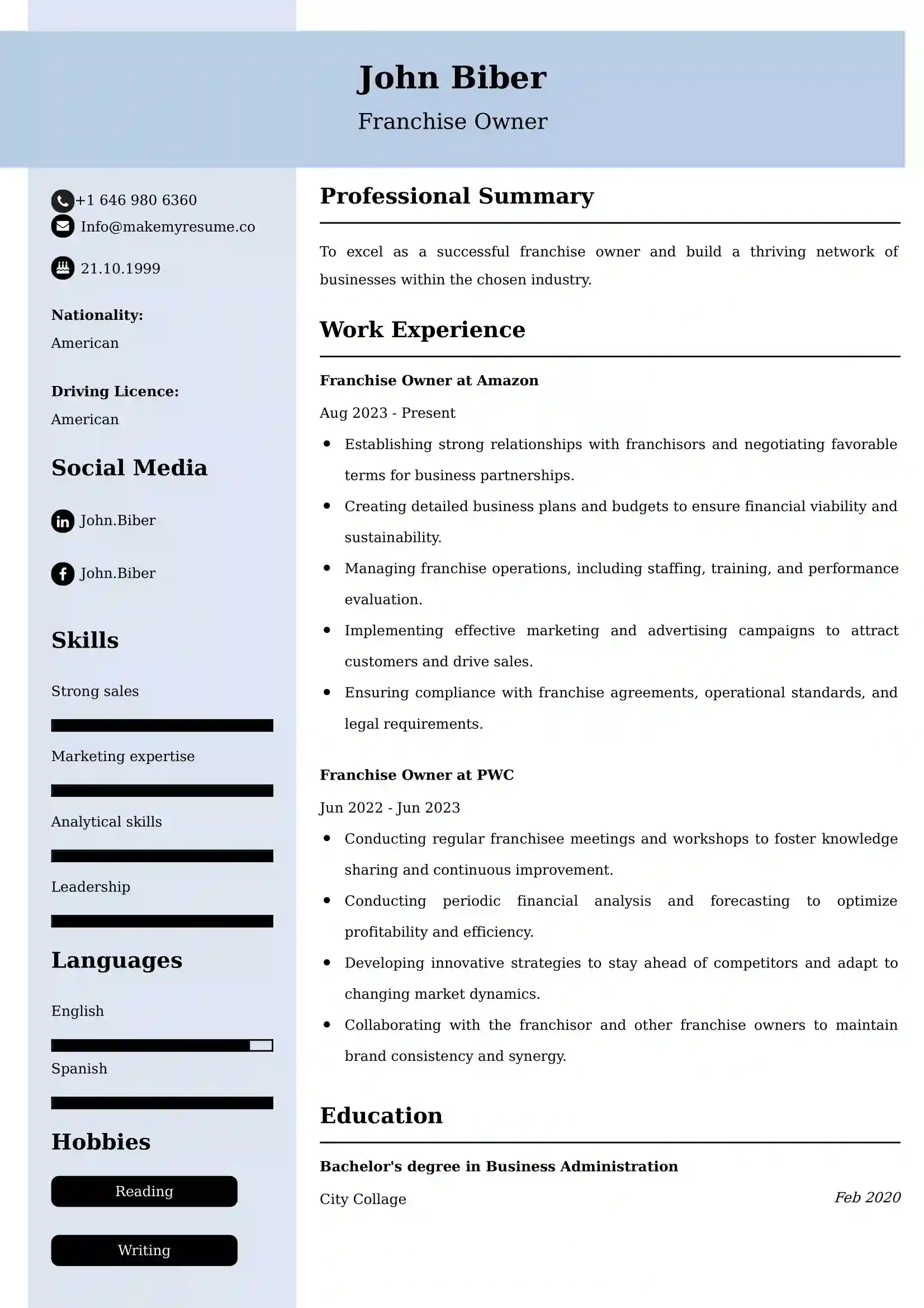 Franchise Owner Resume Examples - Brazilian Format, Latest Template