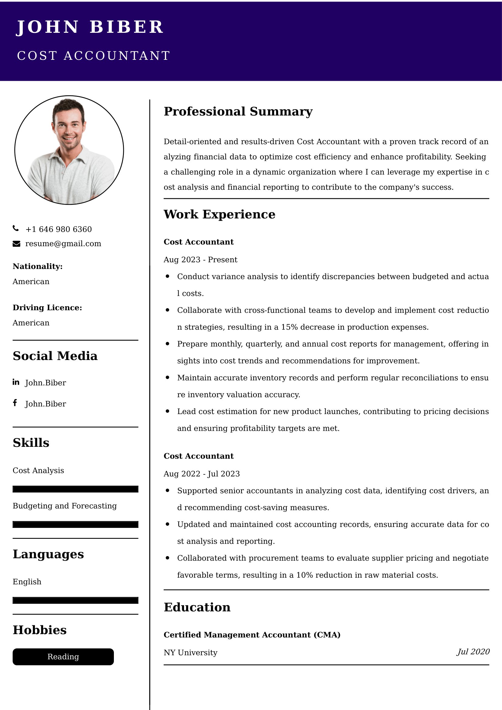 Cost Accountant Resume Examples - Brazilian Format, Latest Template