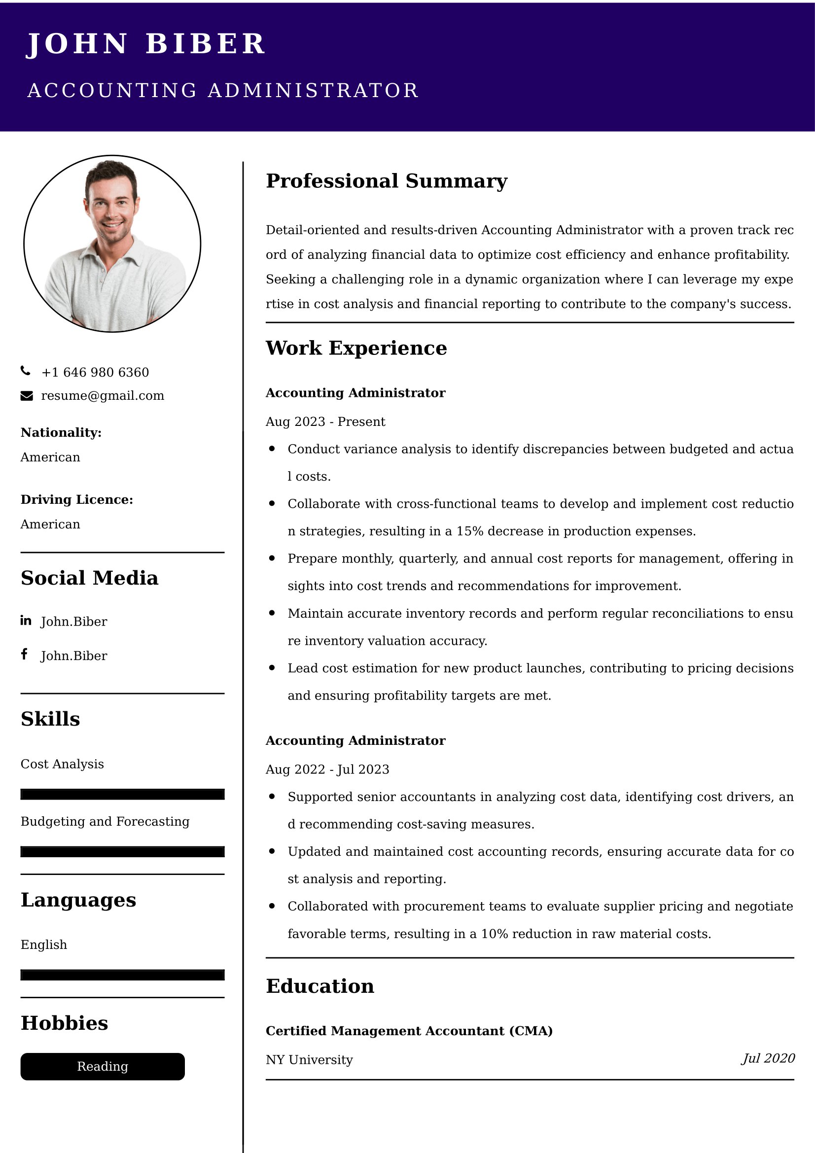 Accounting Administrator Resume Examples - Brazilian Format, Latest Template