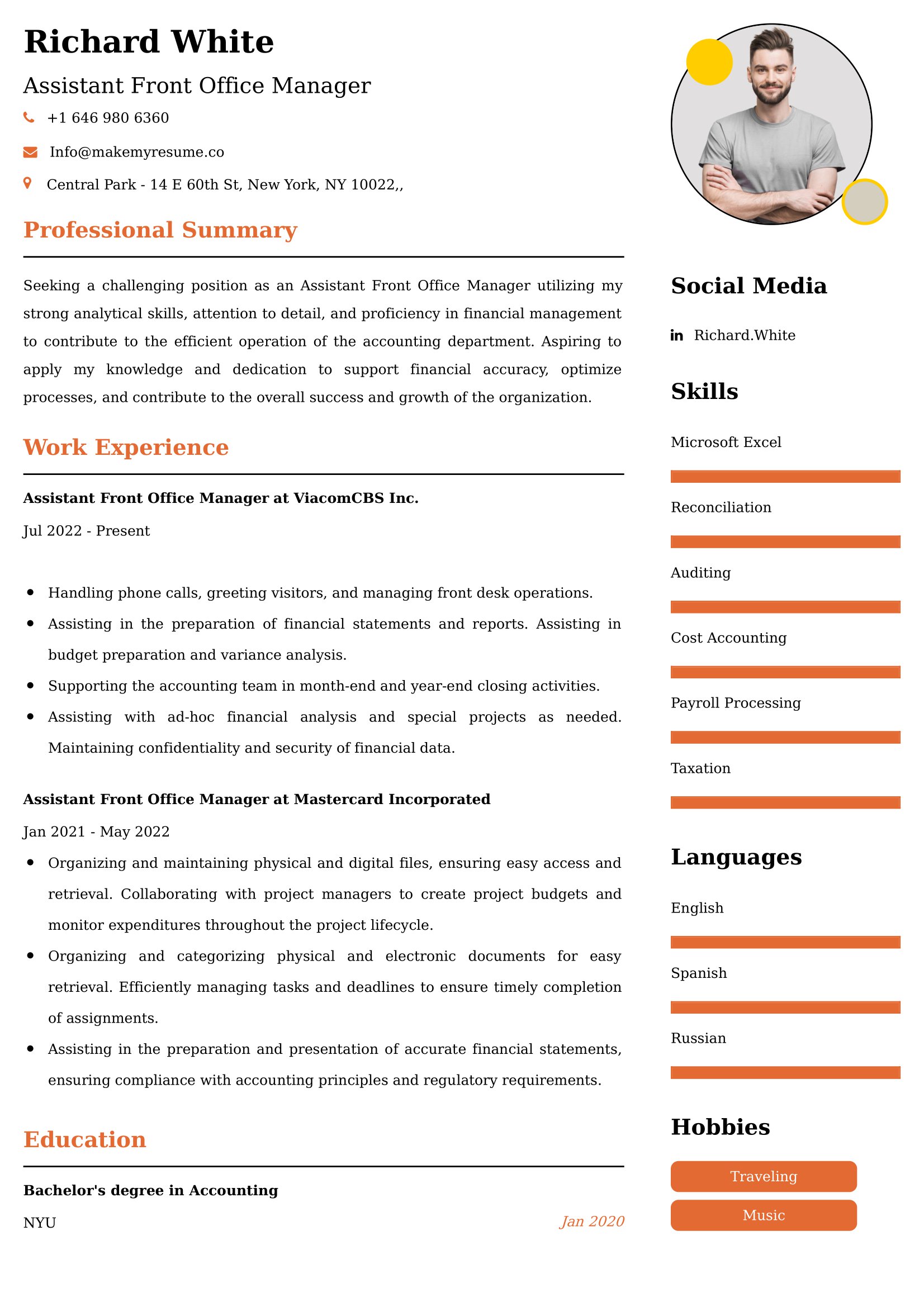 Assistant Front Office Manager Resume Examples - Brazilian Format, Latest Template