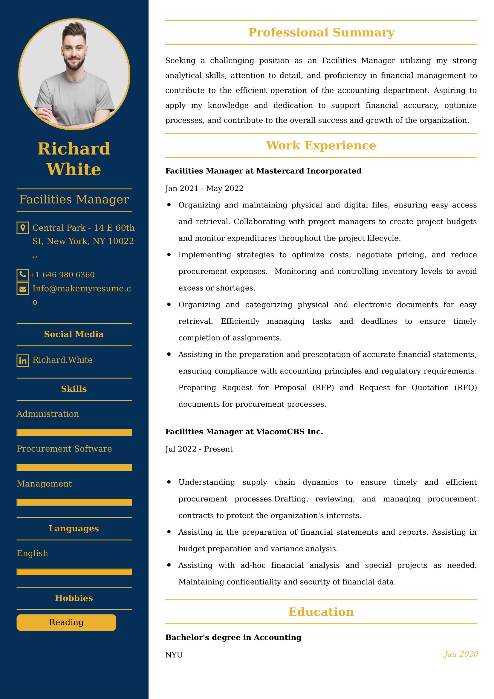 Facilities Manager Resume Examples - Brazilian Format, Latest Template