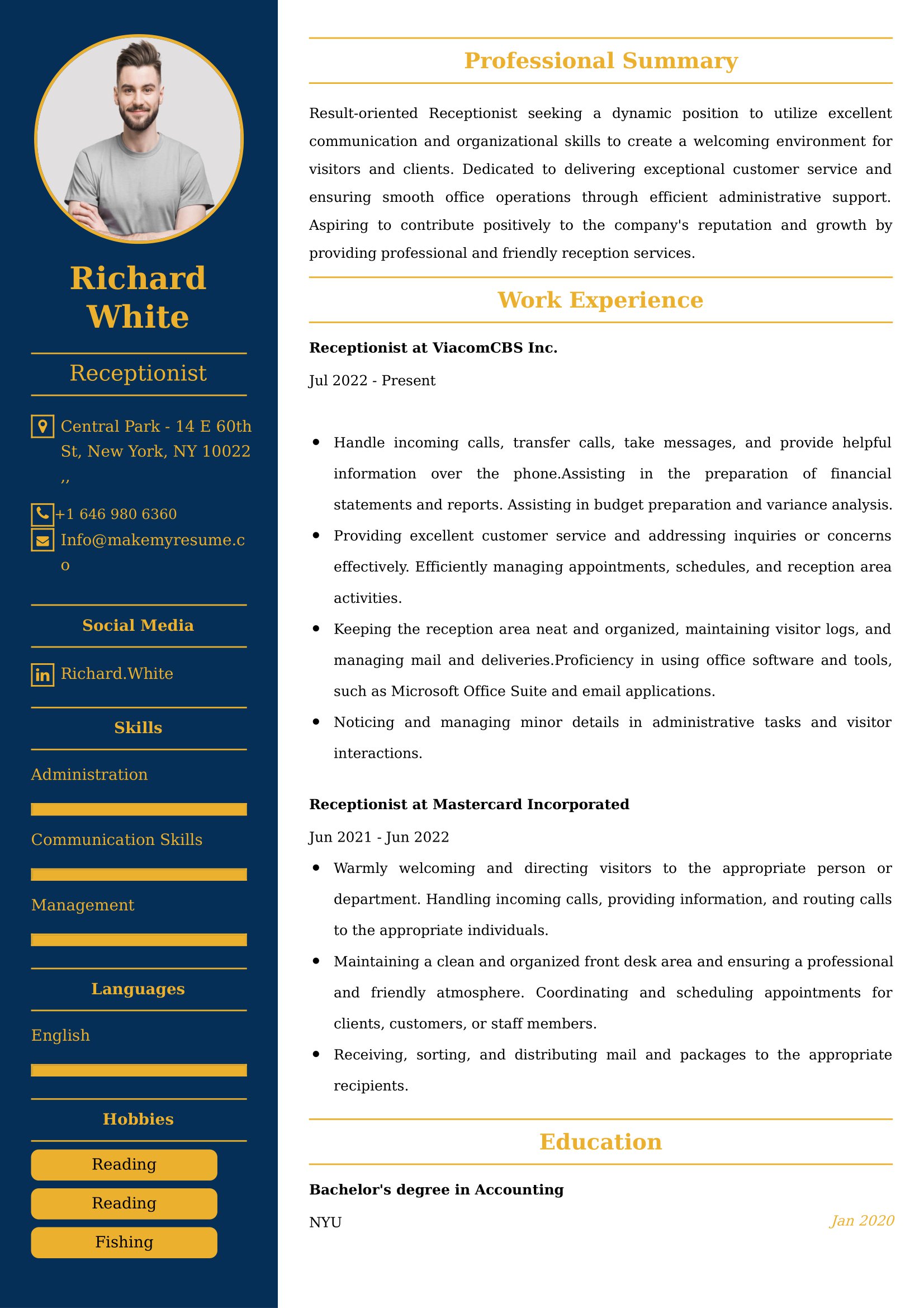 Receptionist Resume Examples - Brazilian Format, Latest Template