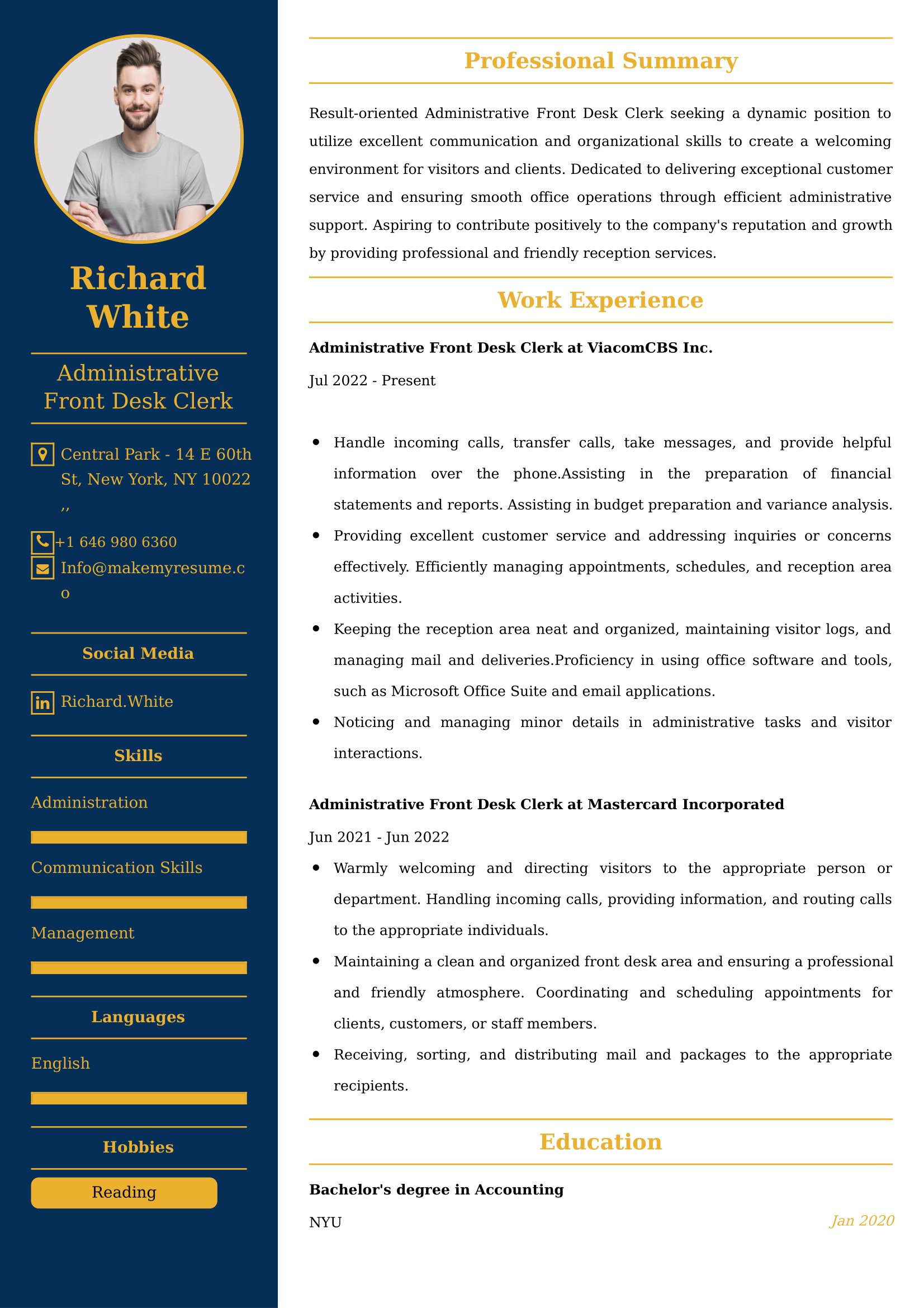 Administrative Front Desk Clerk Resume Examples - Brazilian Format, Latest Template