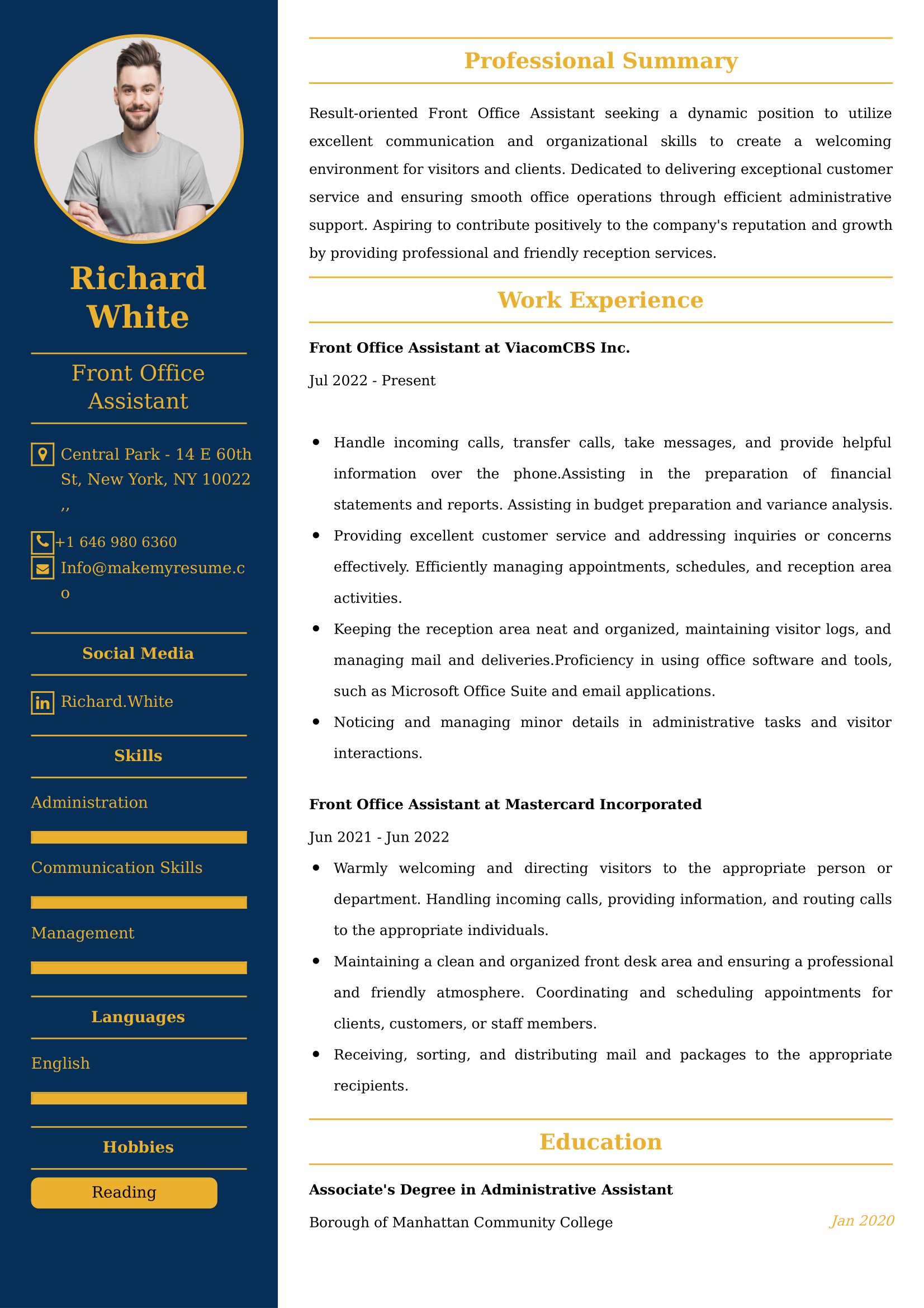 Front Office Assistant Resume Examples - Brazilian Format, Latest Template
