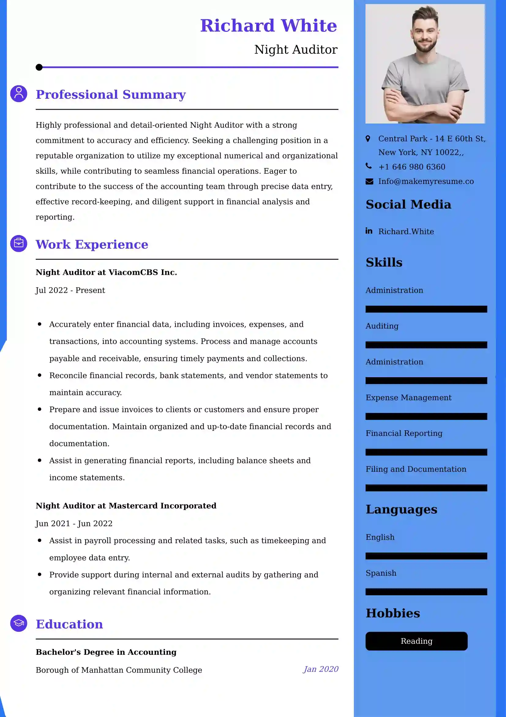 Night Auditor Resume Examples - Brazilian Format, Latest Template