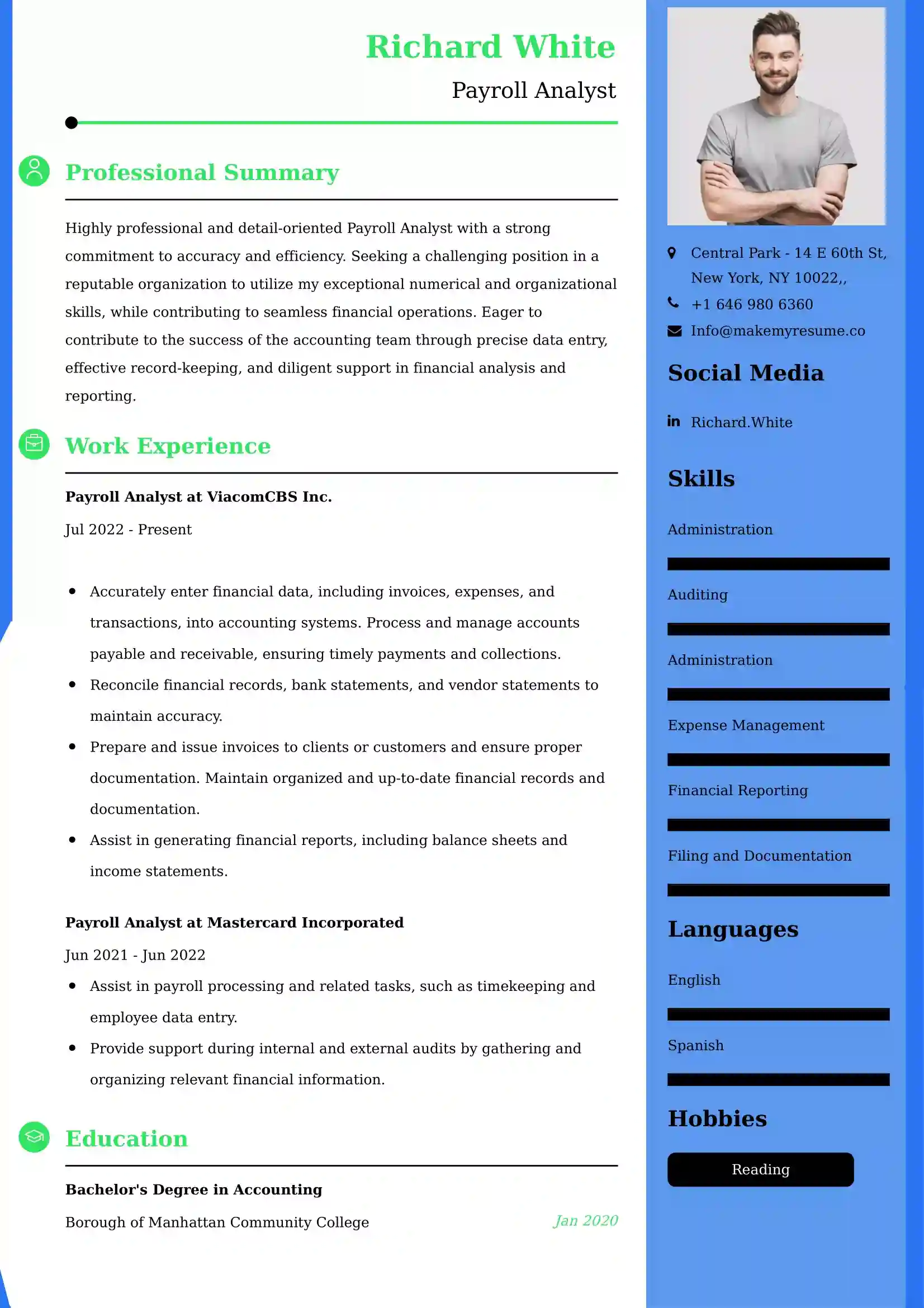 Payroll Analyst Resume Examples - Brazilian Format, Latest Template