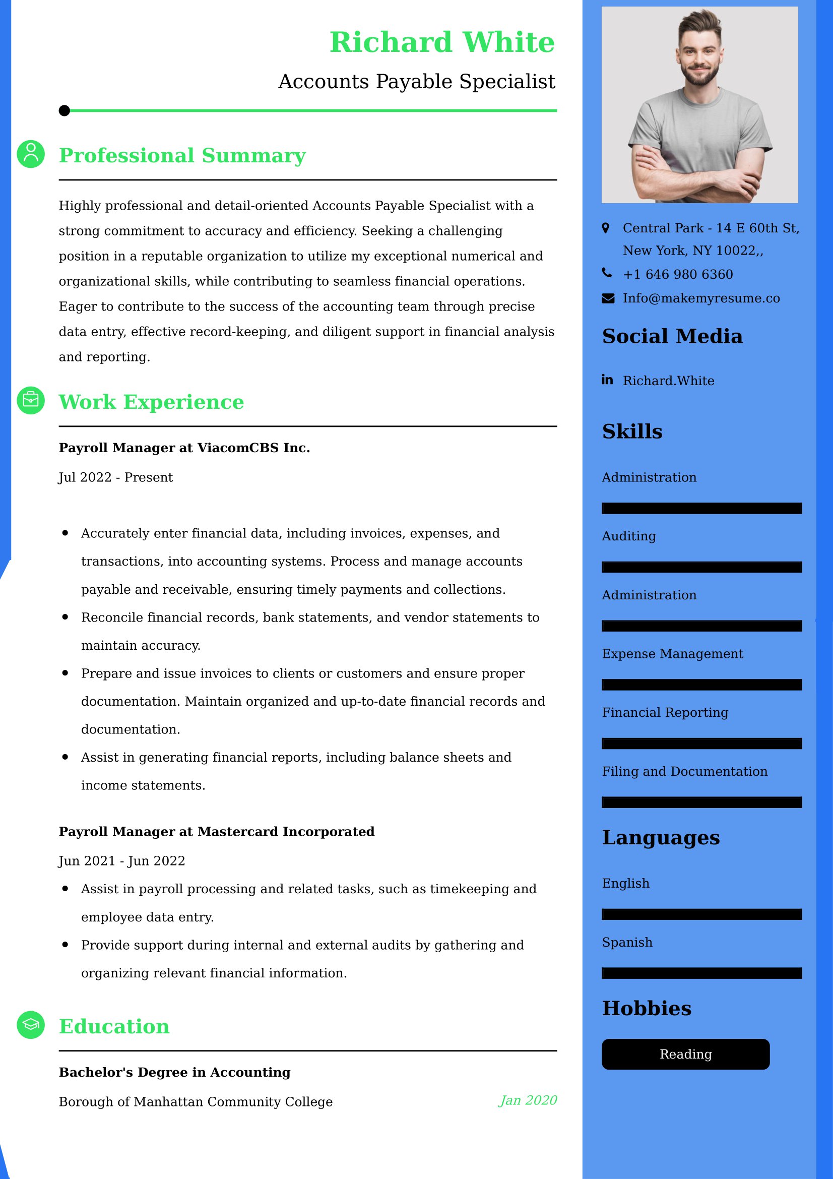Accounts Payable Specialist Resume Examples - Brazilian Format, Latest Template