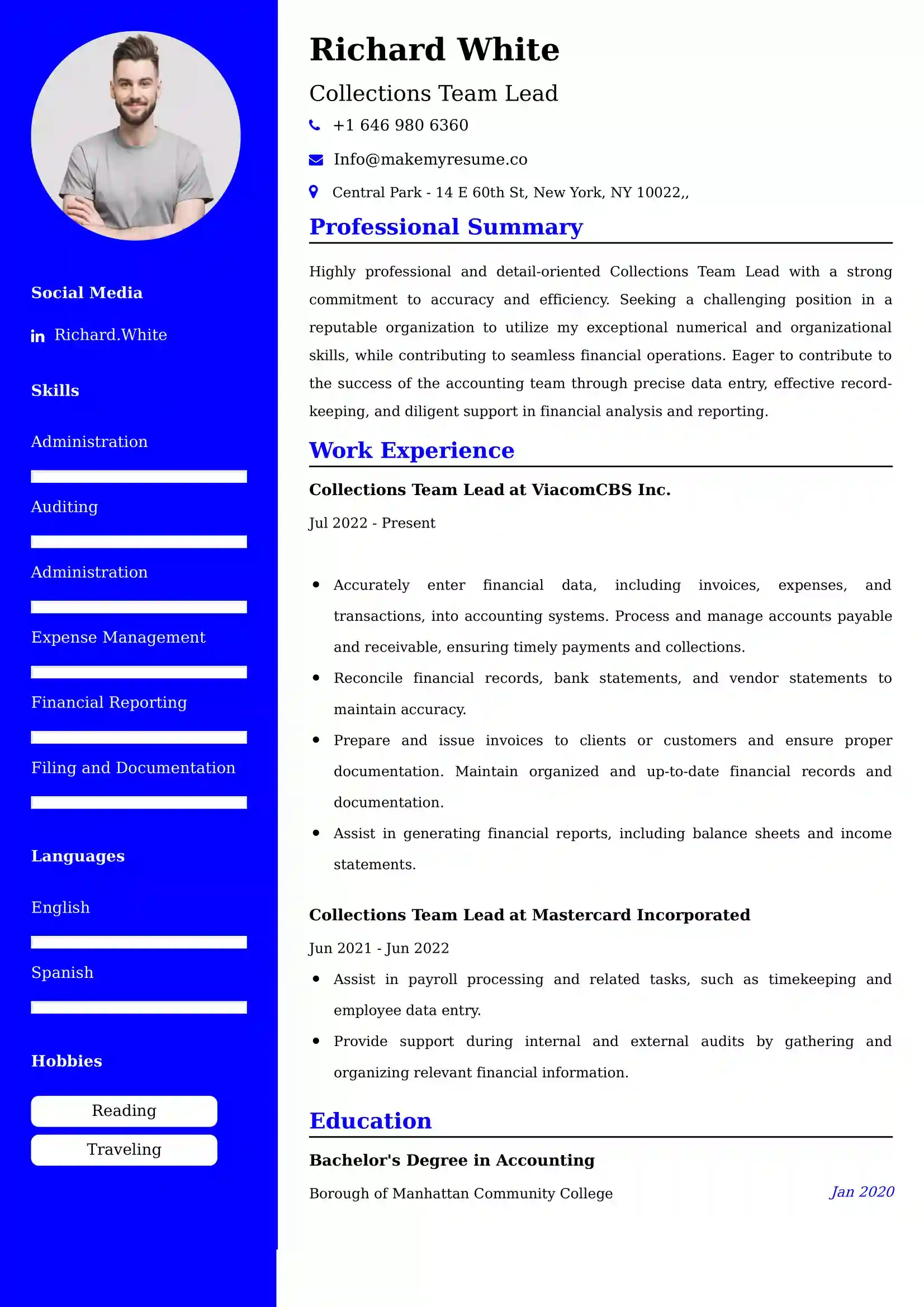 Collections Team Lead Resume Examples - Brazilian Format, Latest Template