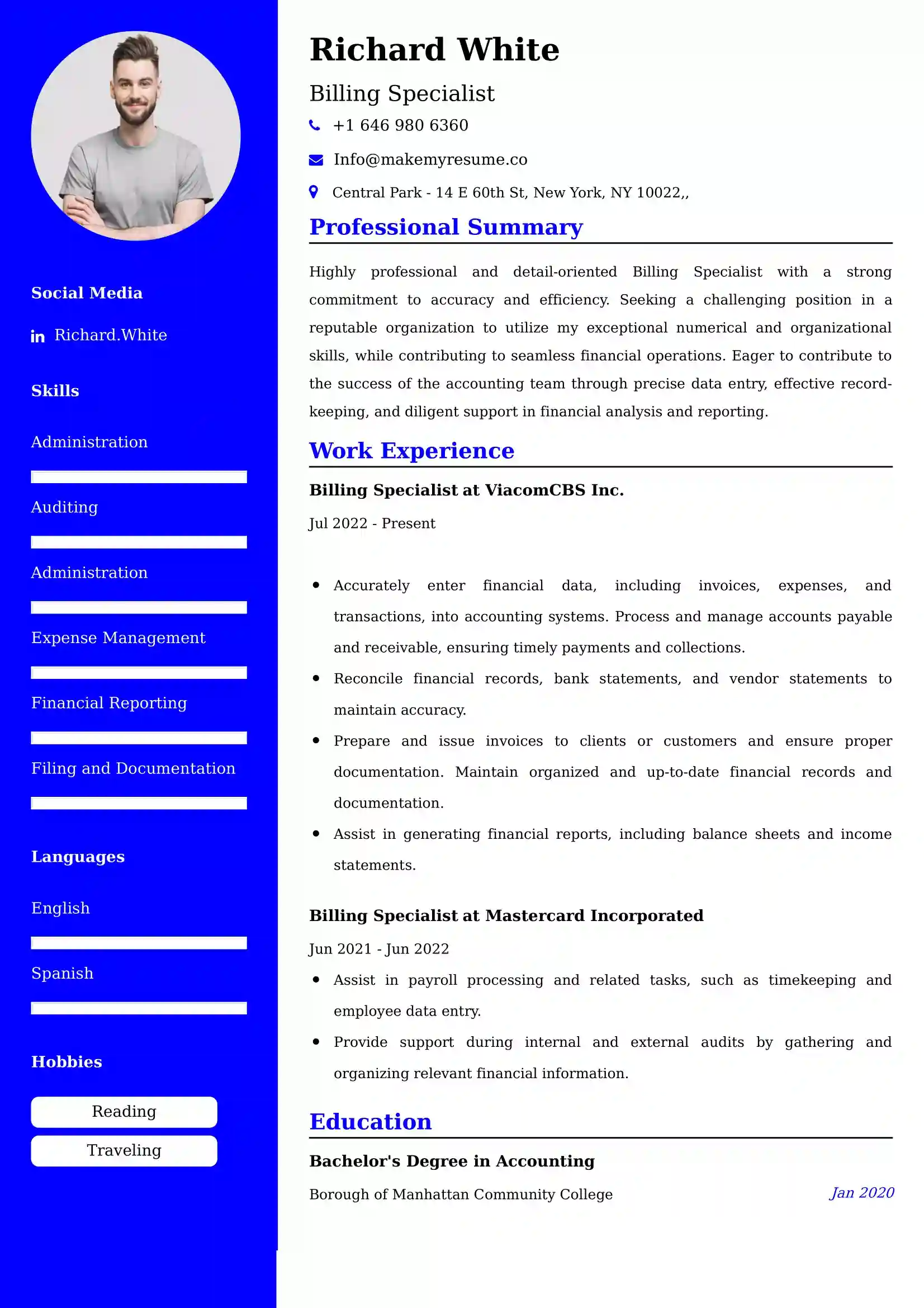 Billing Specialist Resume Examples - Brazilian Format, Latest Template