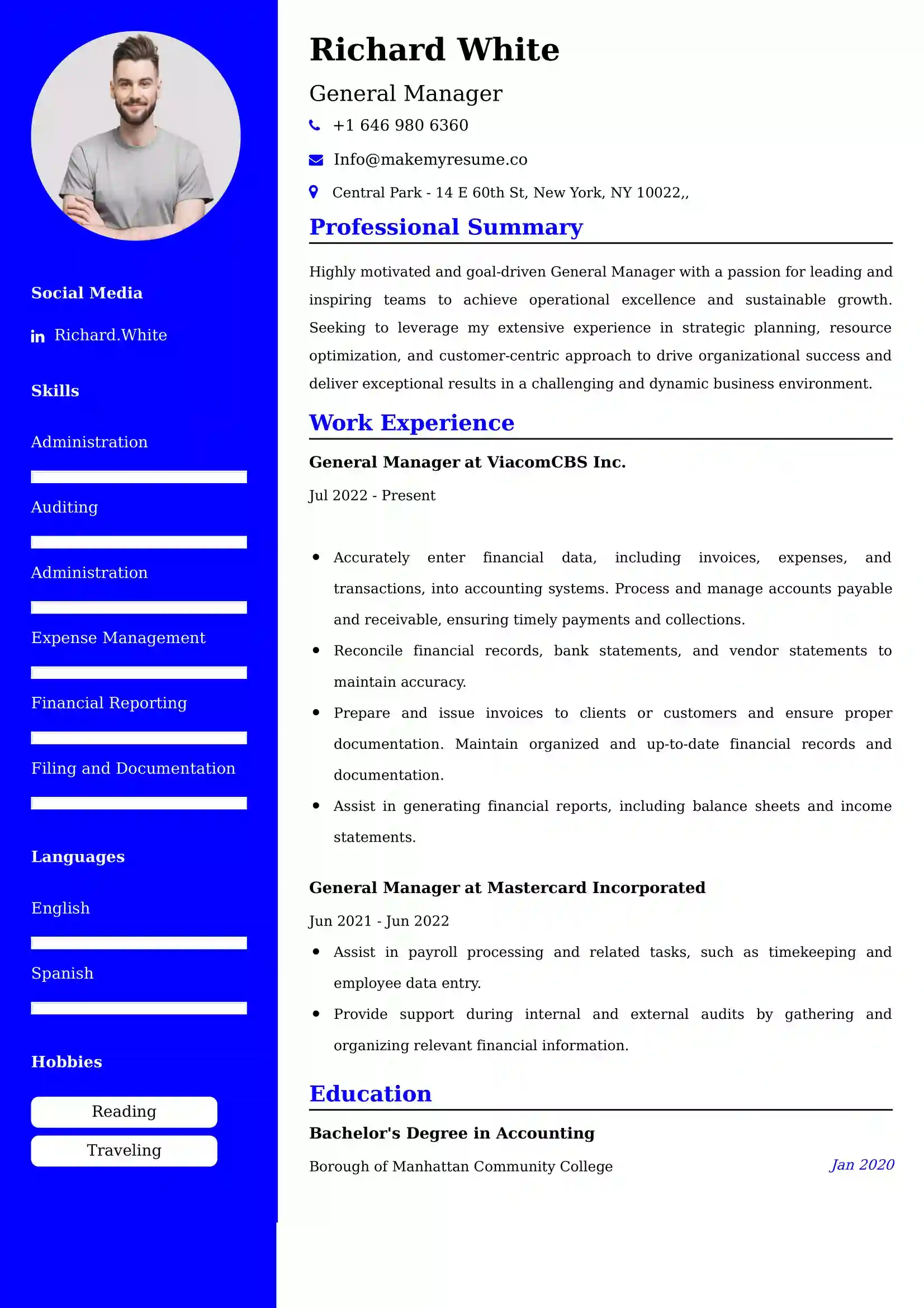 General Manager Resume Examples - Brazilian Format, Latest Template