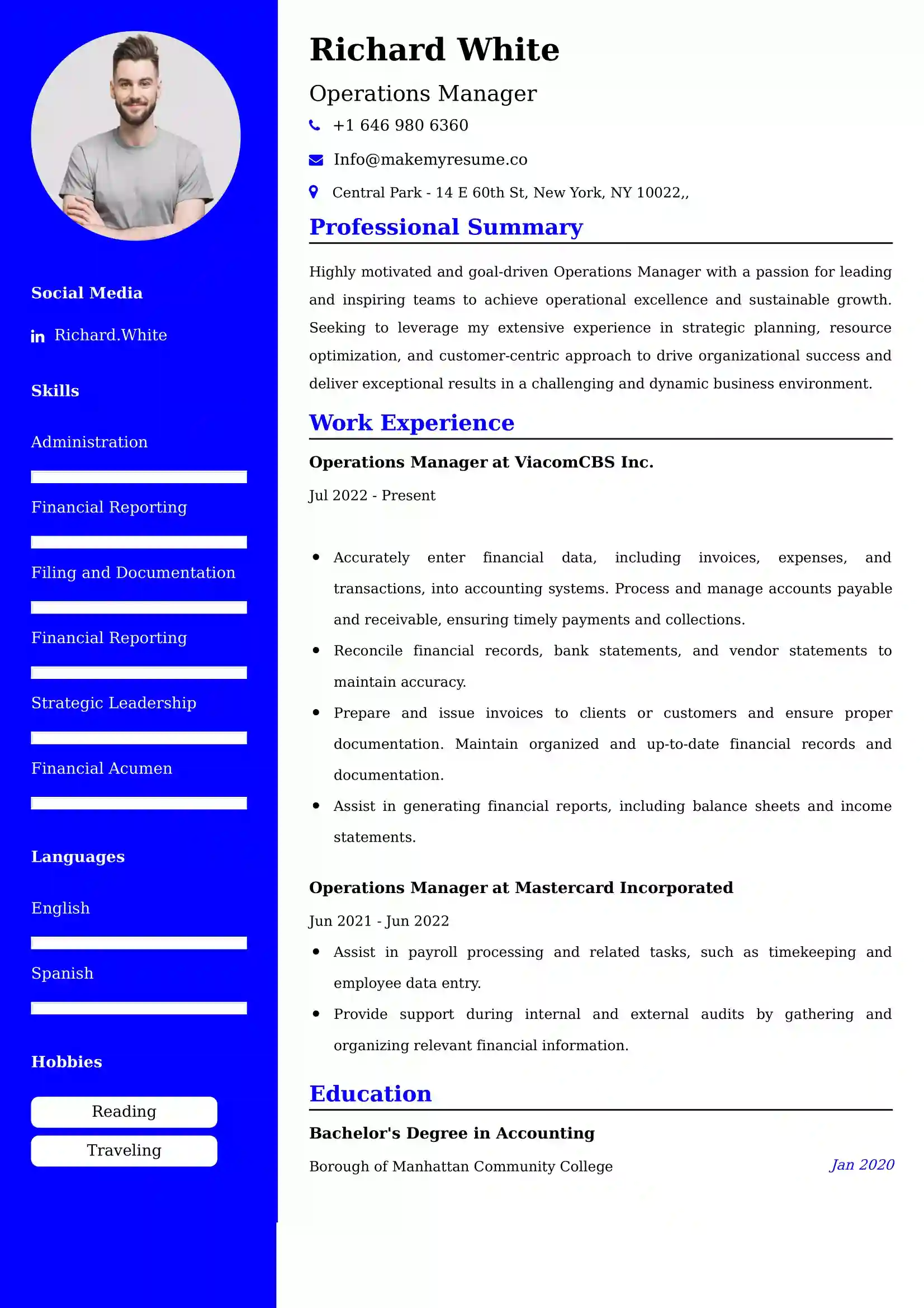 Operations Manager Resume Examples - Brazilian Format, Latest Template