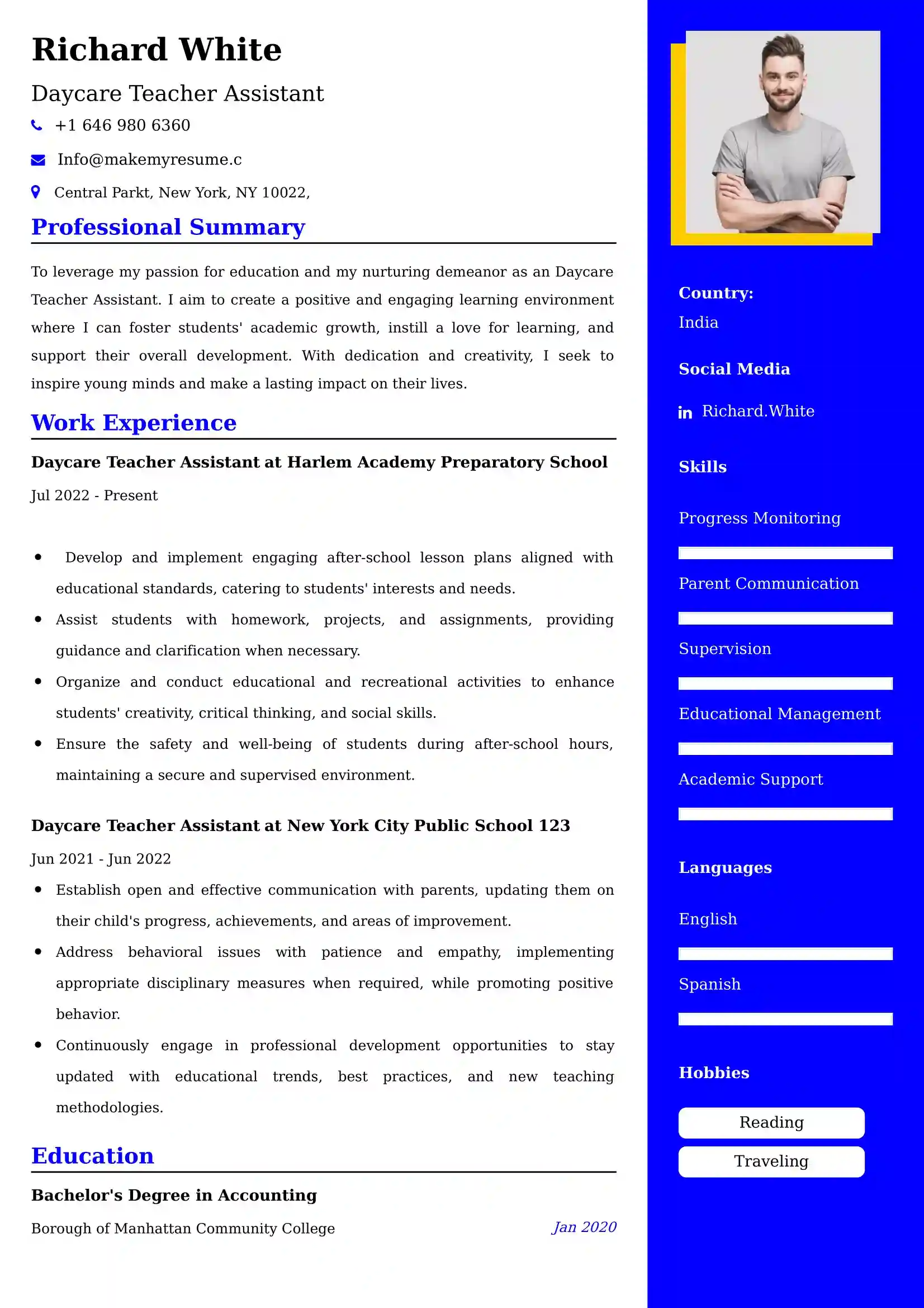 Daycare Teacher Assistant Resume Examples - Brazilian Format, Latest Template