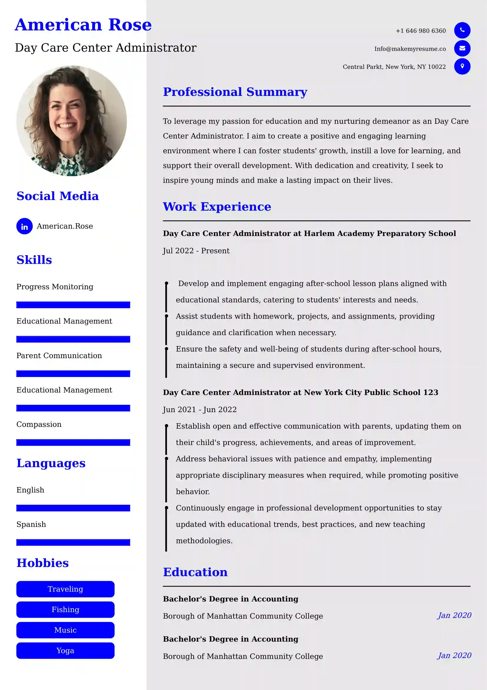 Day Care Center Administrator Resume Examples - Brazilian Format, Latest Template