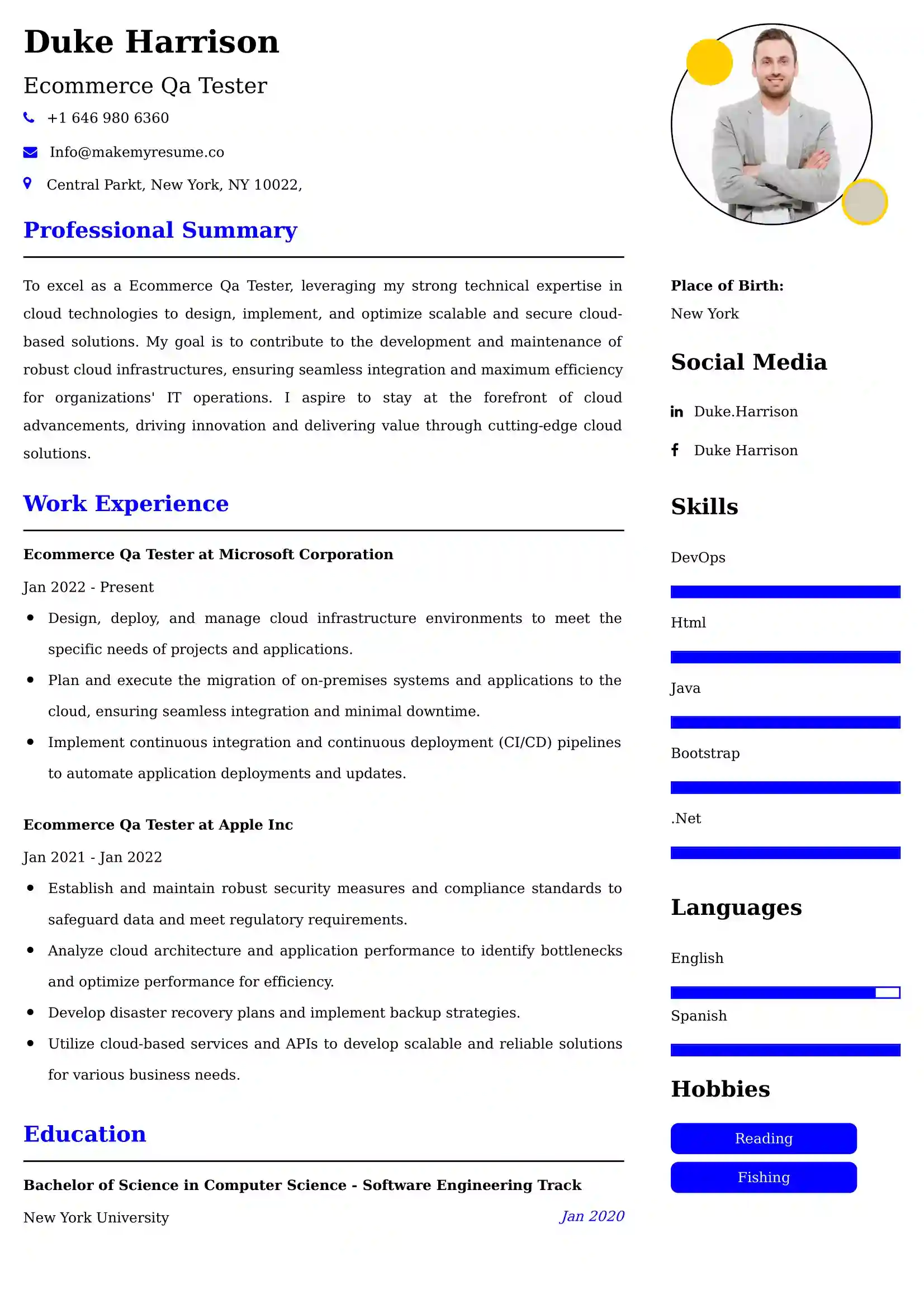 Ecommerce Qa Tester Resume Examples - Brazilian Format, Latest Template