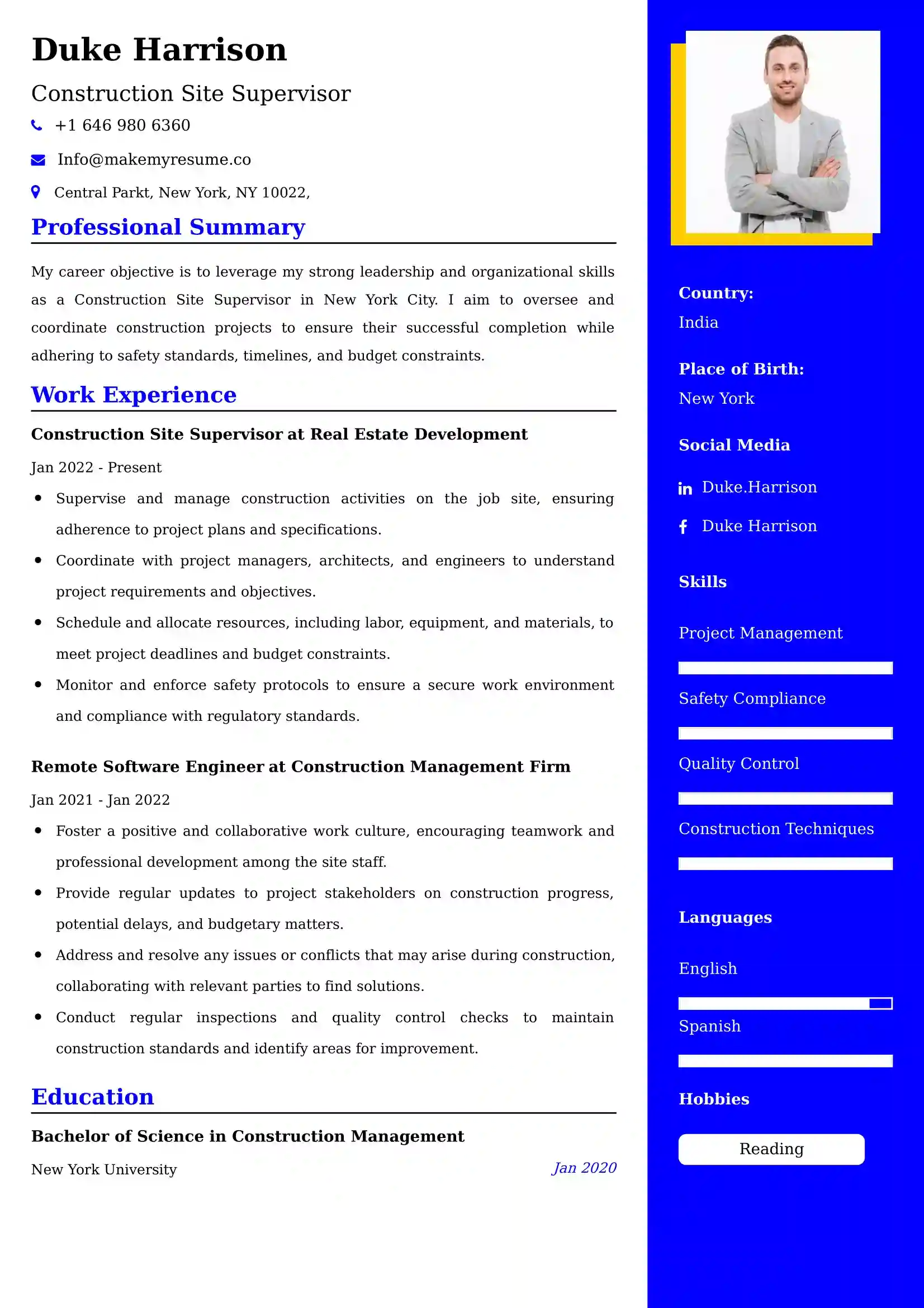 Construction Site Supervisor Resume Examples - Brazilian Format, Latest Template