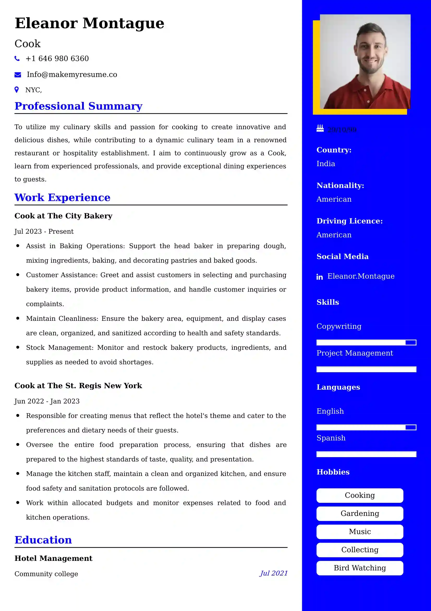 Cook Resume Examples - Brazilian Format, Latest Template