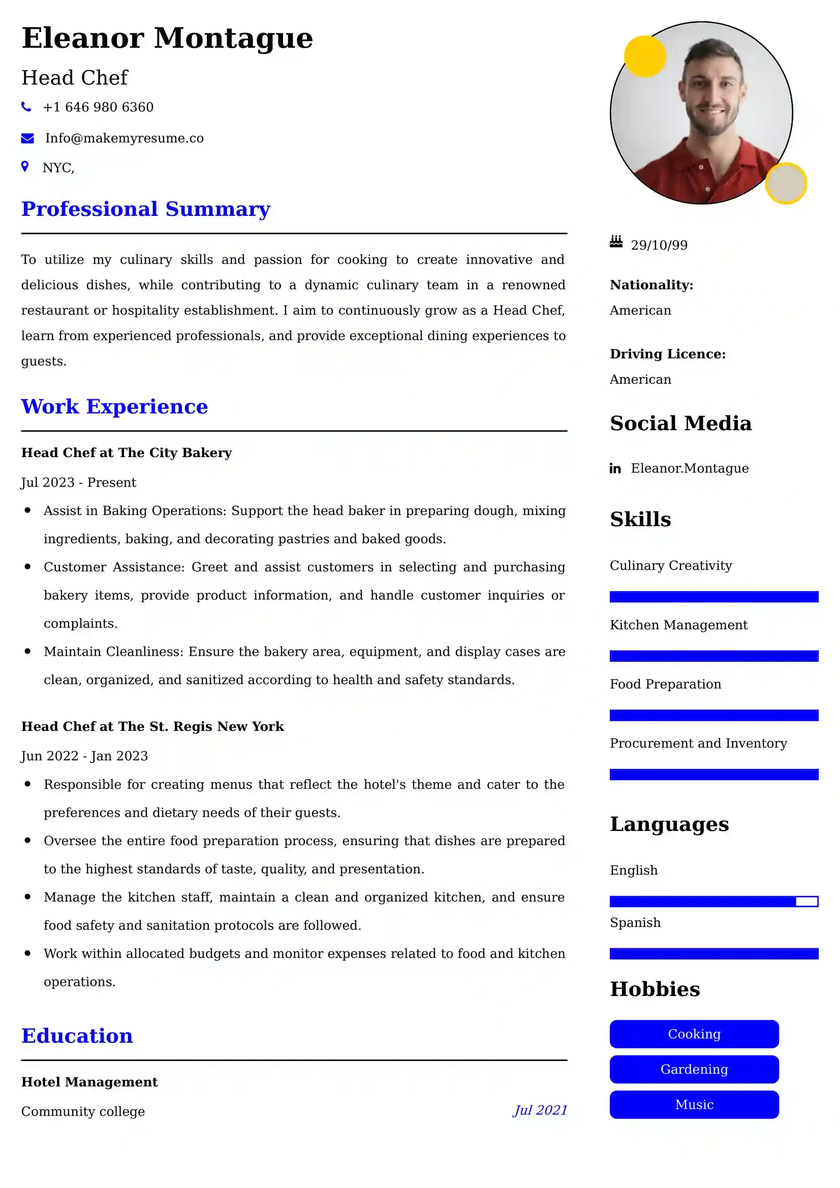 Head Chef Resume Examples - Brazilian Format, Latest Template