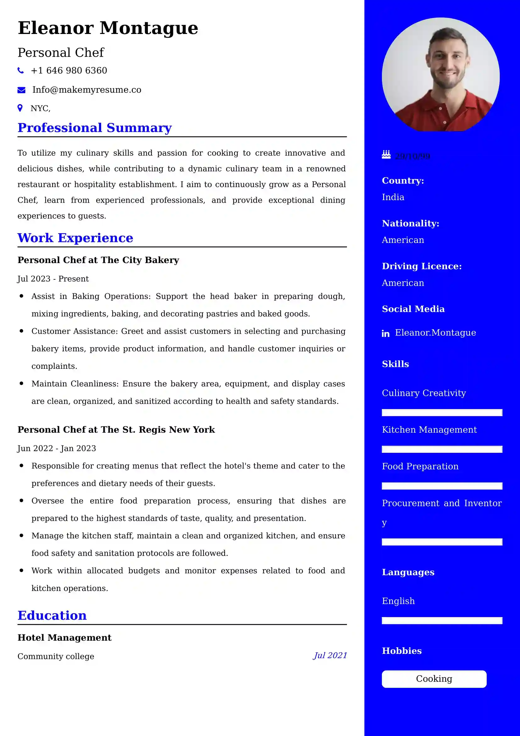 Personal Chef Resume Examples - Brazilian Format, Latest Template
