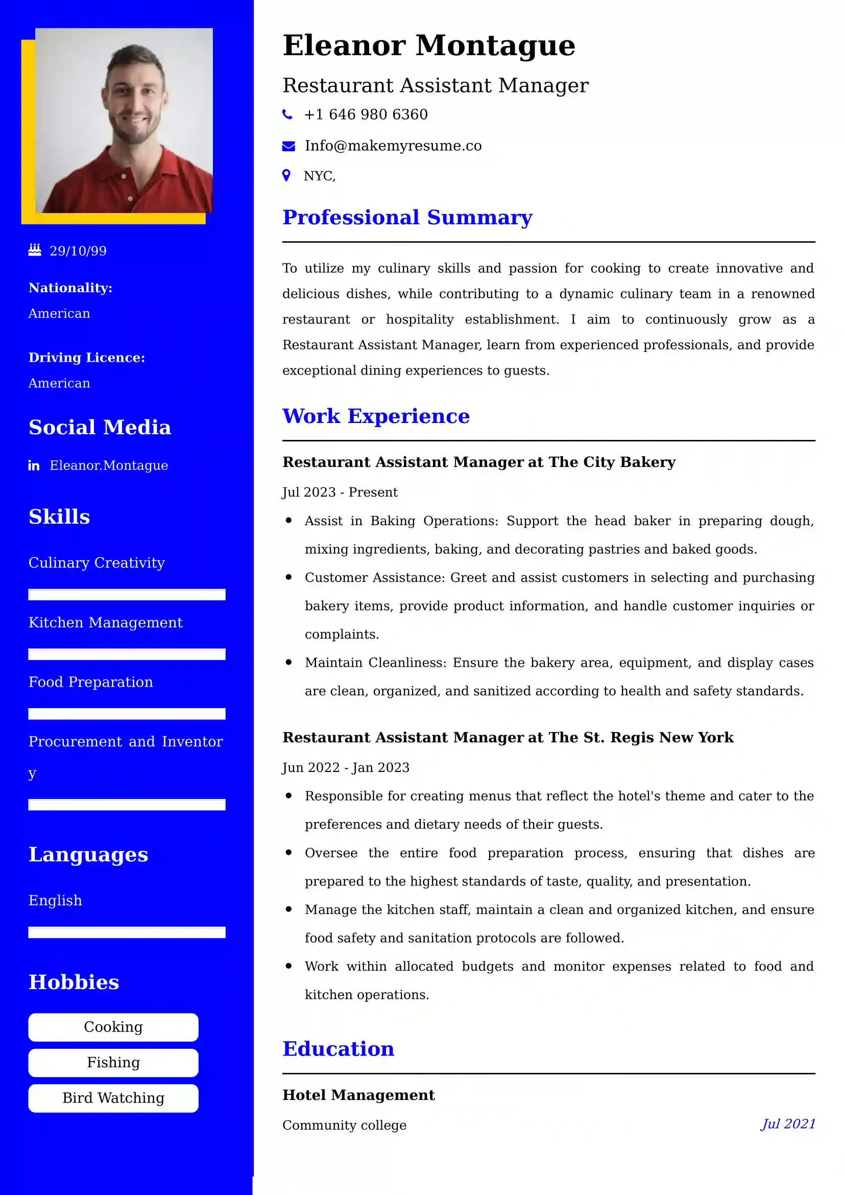 Restaurant Assistant Manager Resume Examples - Brazilian Format, Latest Template